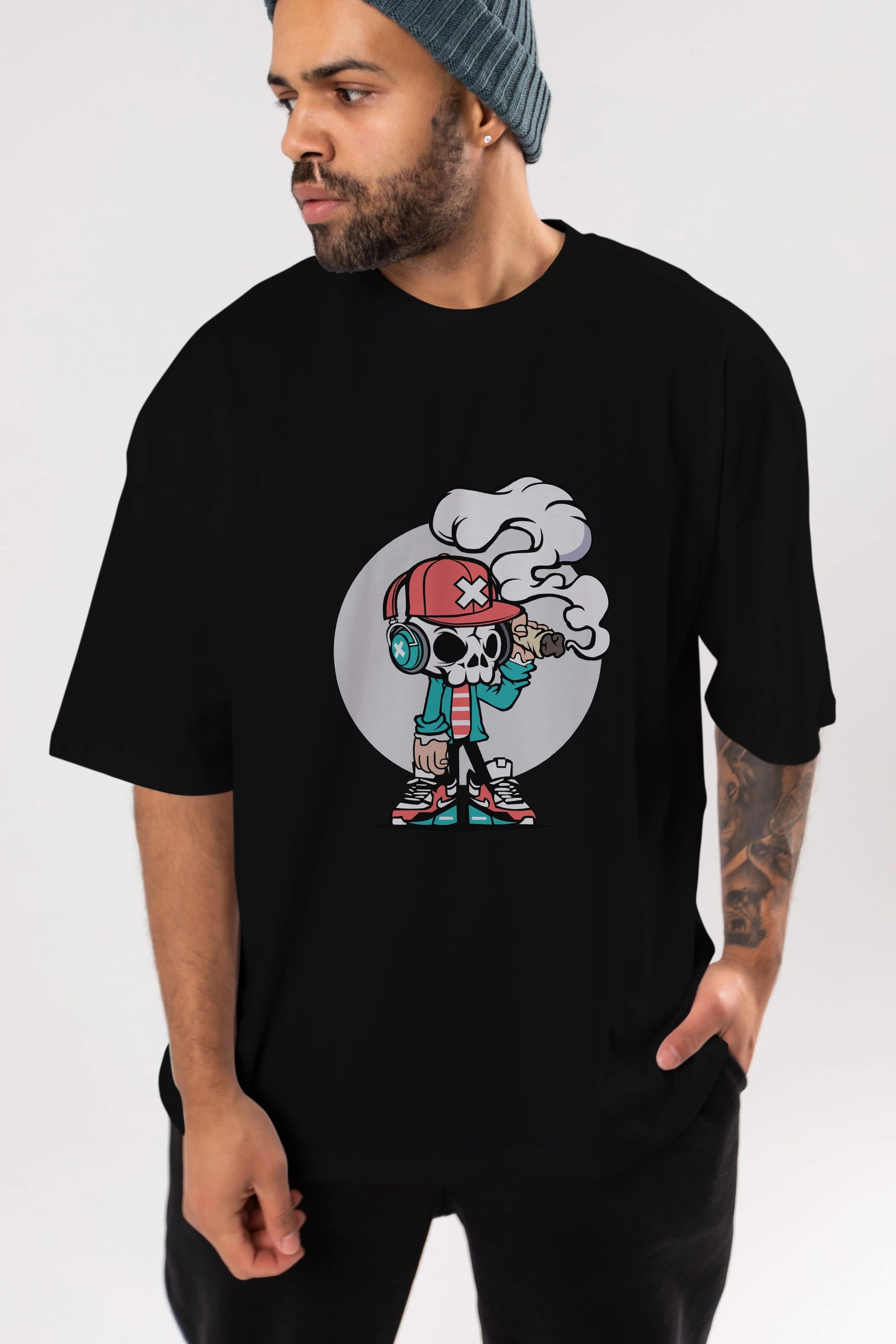 Skull Headphone Ön Baskılı Oversize t-shirt Erkek Kadın Unisex %100 Pamuk tişort