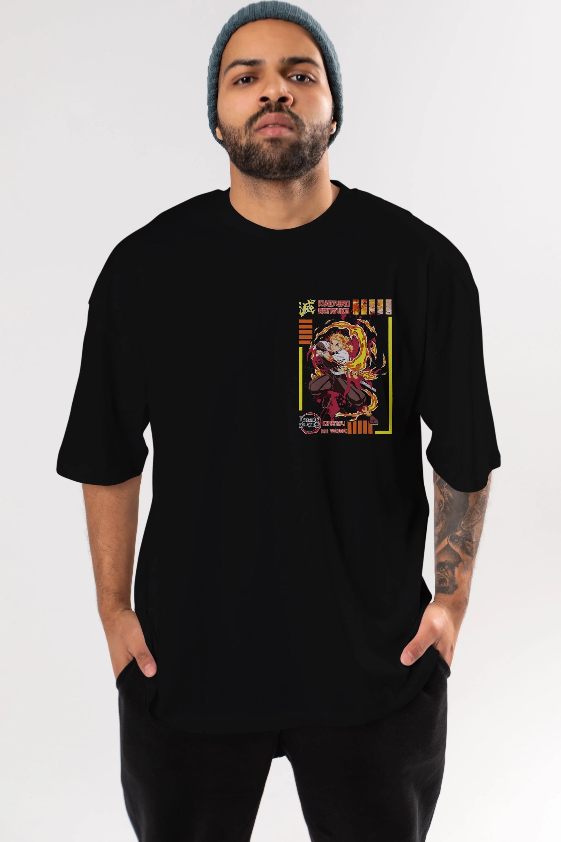KYOJURO RENGOKU Ön Sol Baskılı Oversize t-shirt Erkek Kadın Unisex %100 Pamuk Bisiklet Yaka tişort