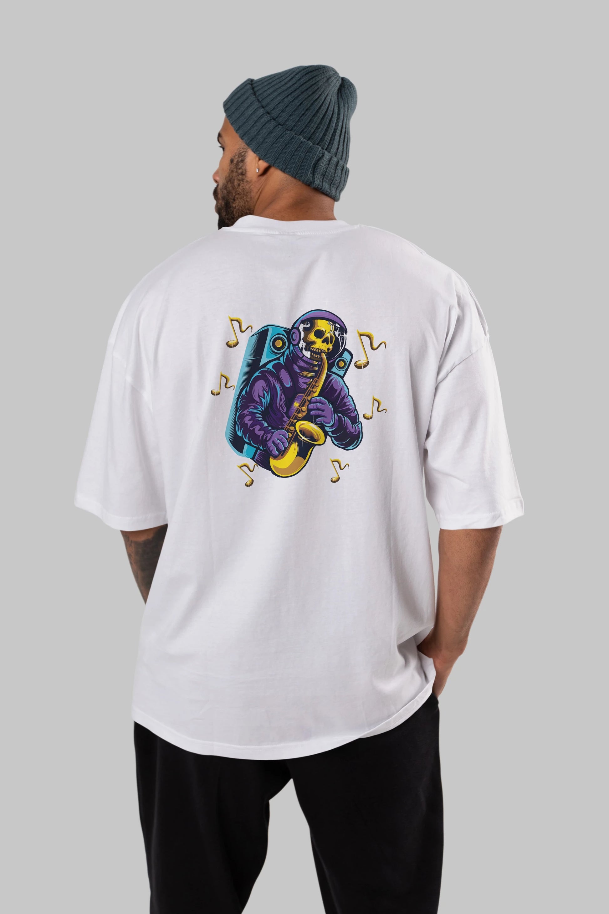 Astroskull Saxophonist Arka Baskılı Oversize t-shirt Erkek Kadın Unisex