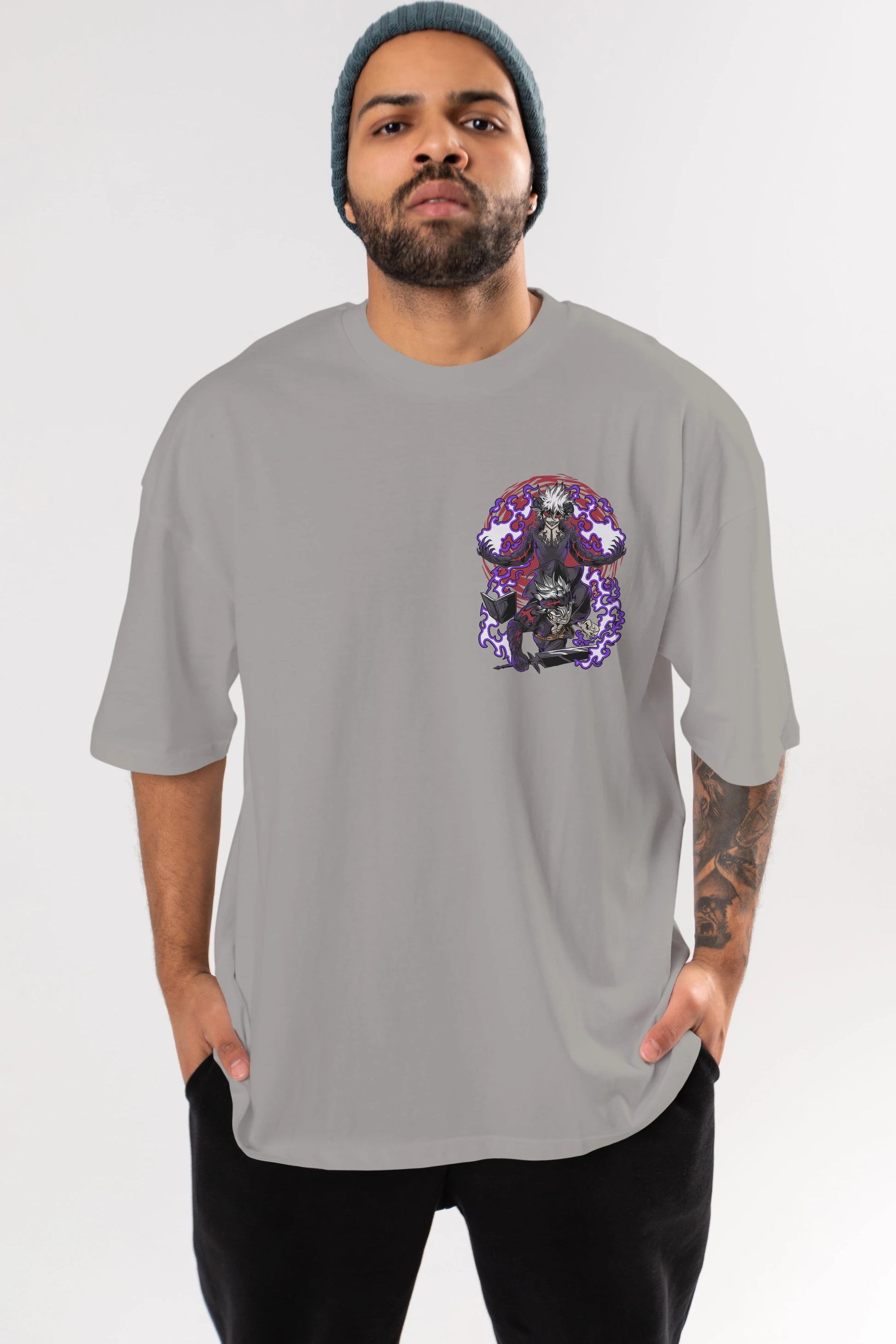 BLACK CLOVER DEVIL UNION Ön Sol Baskılı Oversize t-shirt Erkek Kadın Unisex %100 Pamuk Bisiklet Yaka tişort