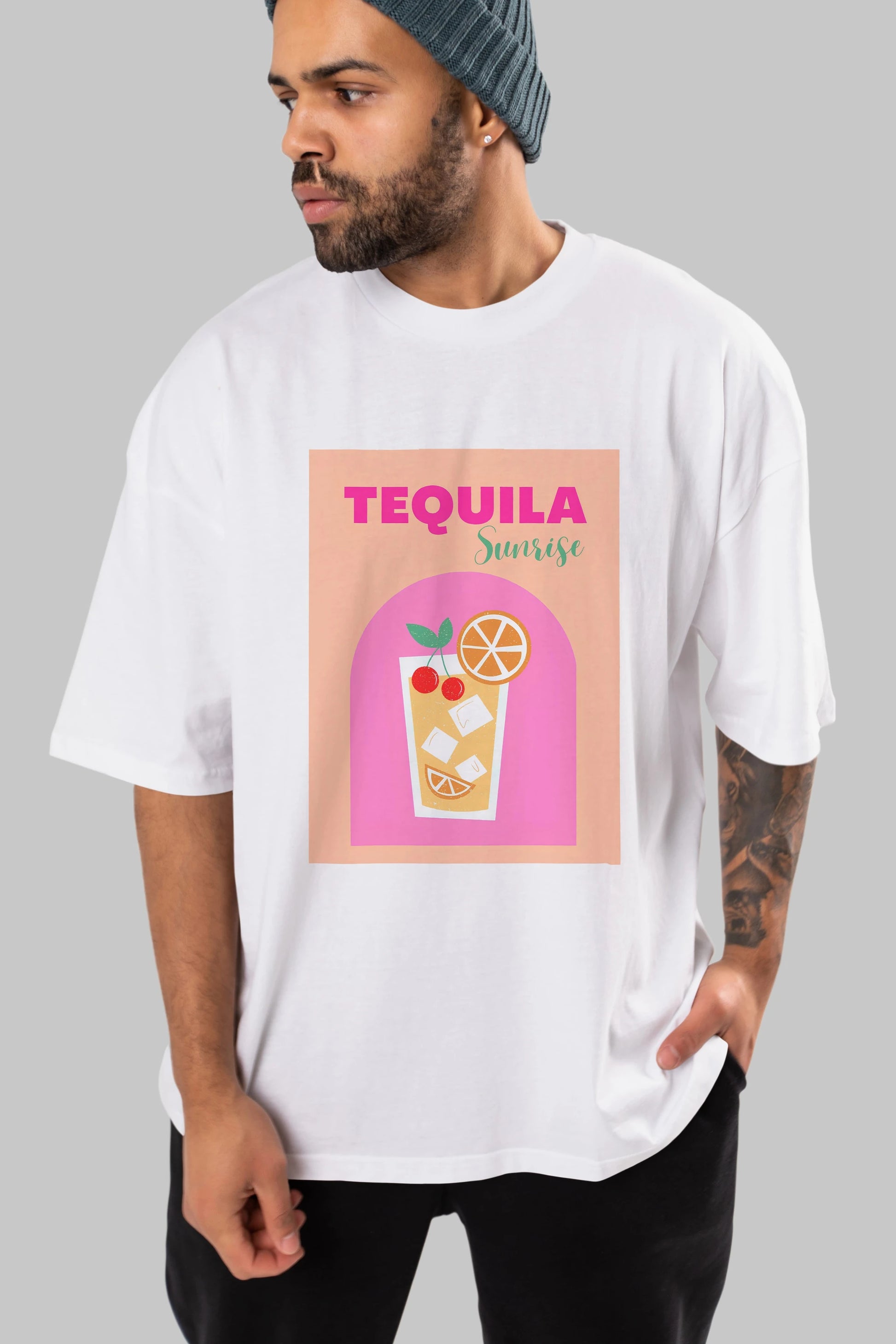 Tequila Sunrise 2 Ön Baskılı Oversize t-shirt Erkek Kadın Unisex %100 Pamuk Bisiklet Yaka tişort