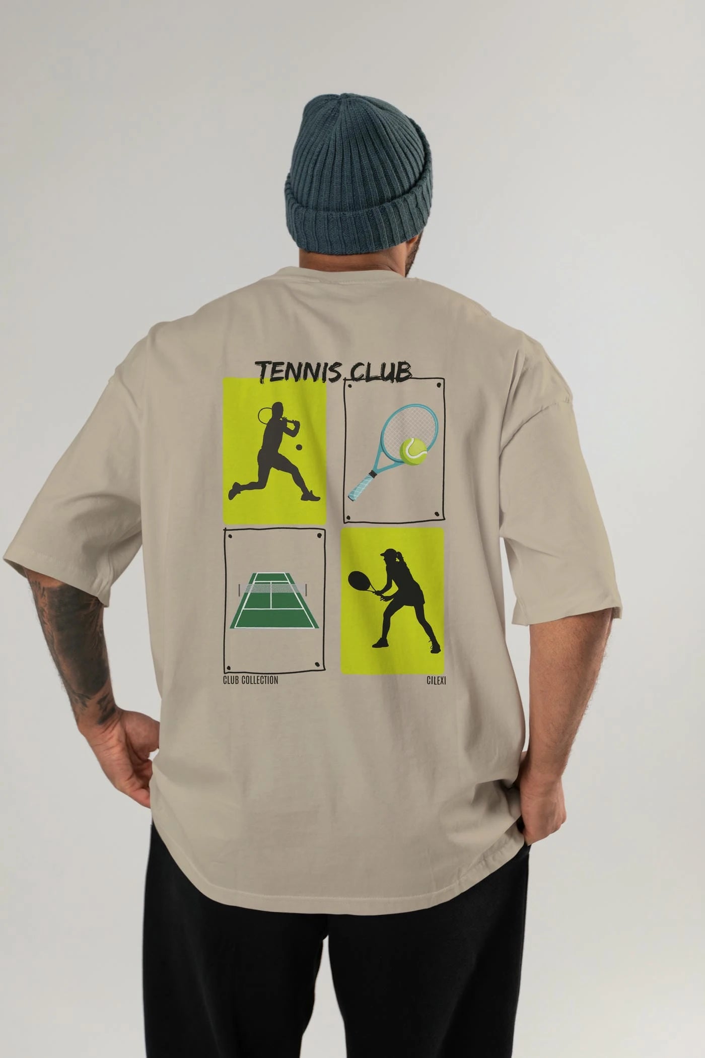 Tennis Club Arka Baskılı Oversize t-shirt Erkek Kadın %100 Pamuk Bisiklet Yaka tişort