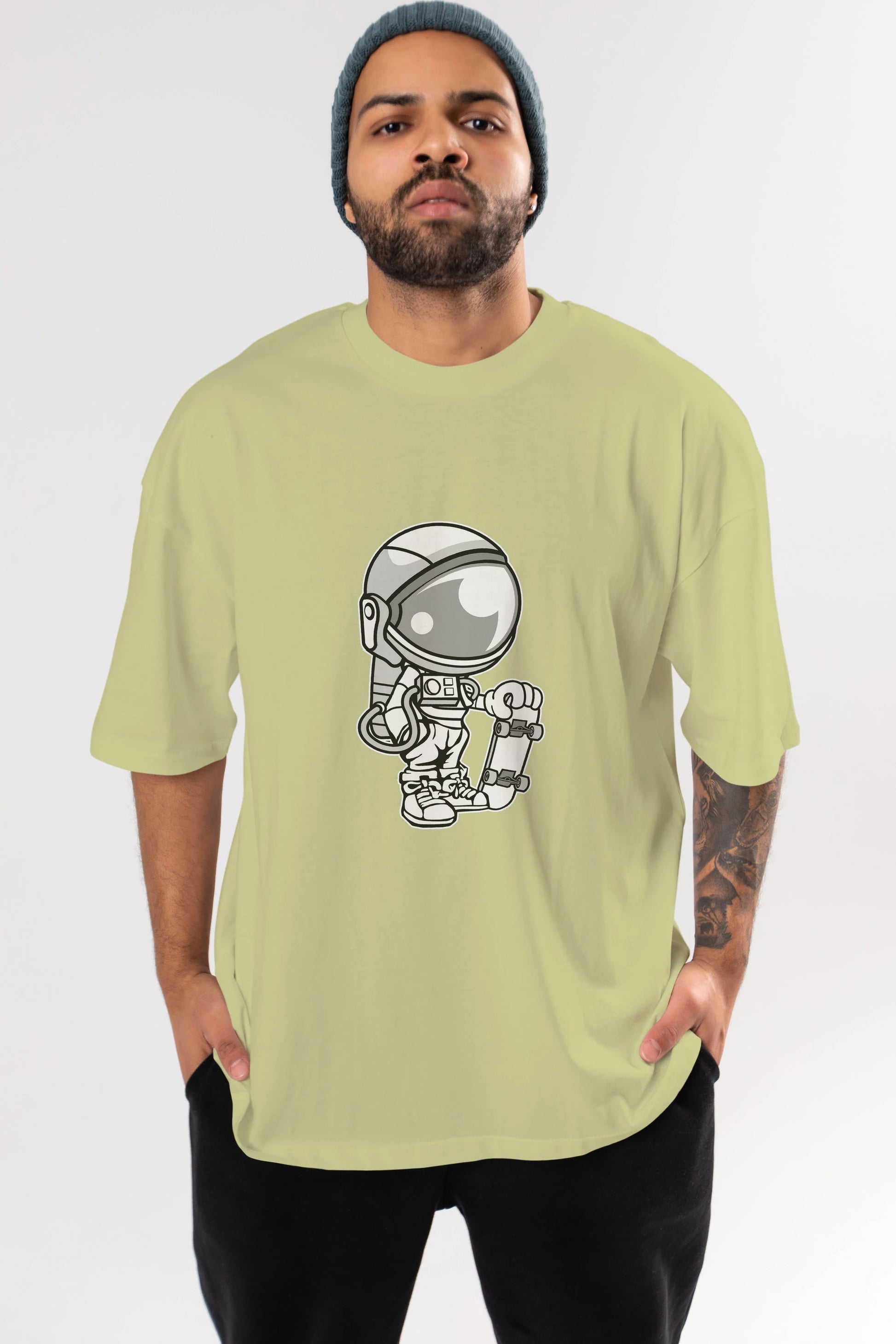 Astronaut Skaterboy Ön Baskılı Oversize t-shirt Erkek Kadın Unisex %100 Pamuk tişort