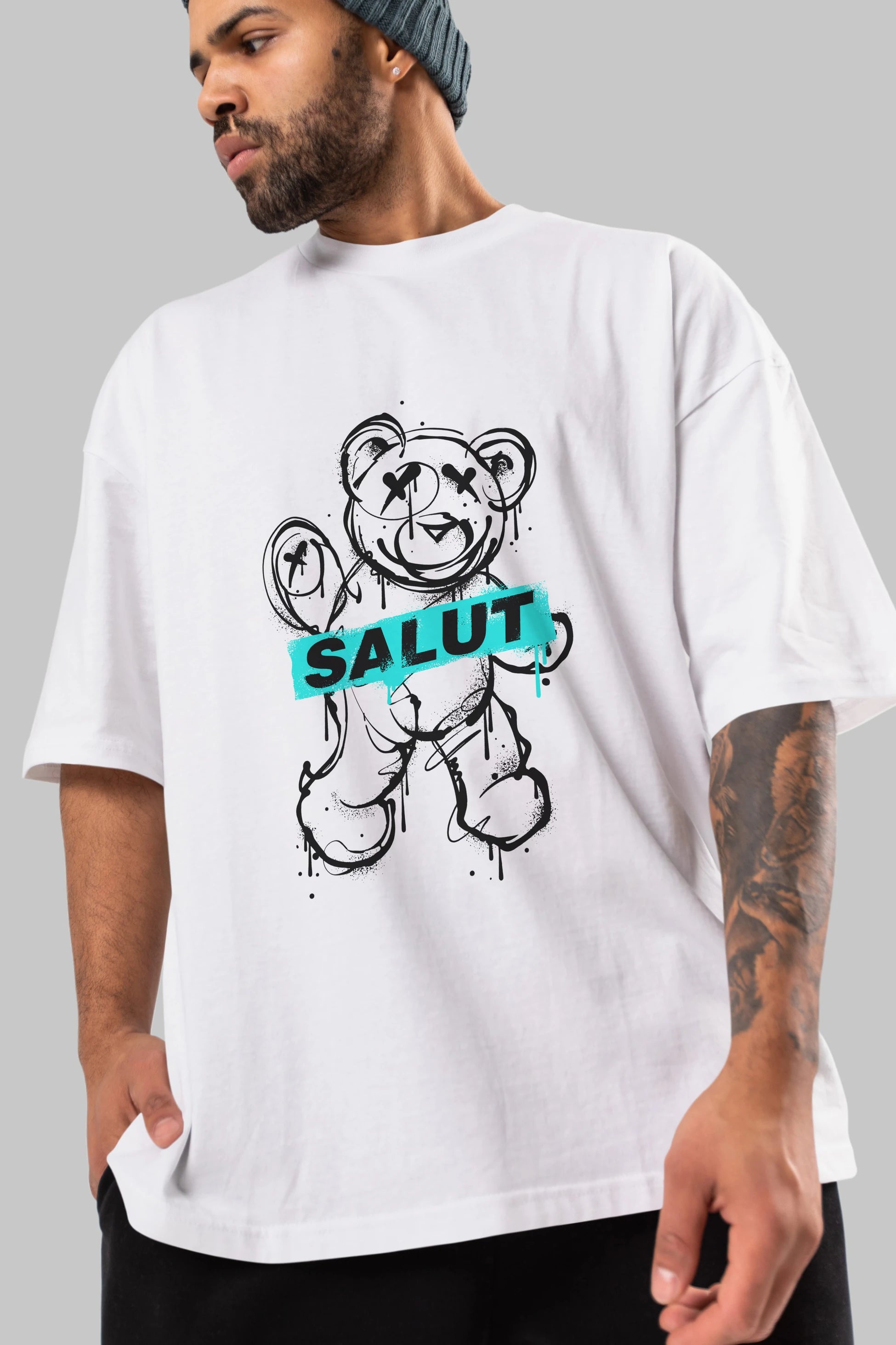 Teddy Bear Salut Ön Baskılı Oversize t-shirt Erkek Kadın Unisex