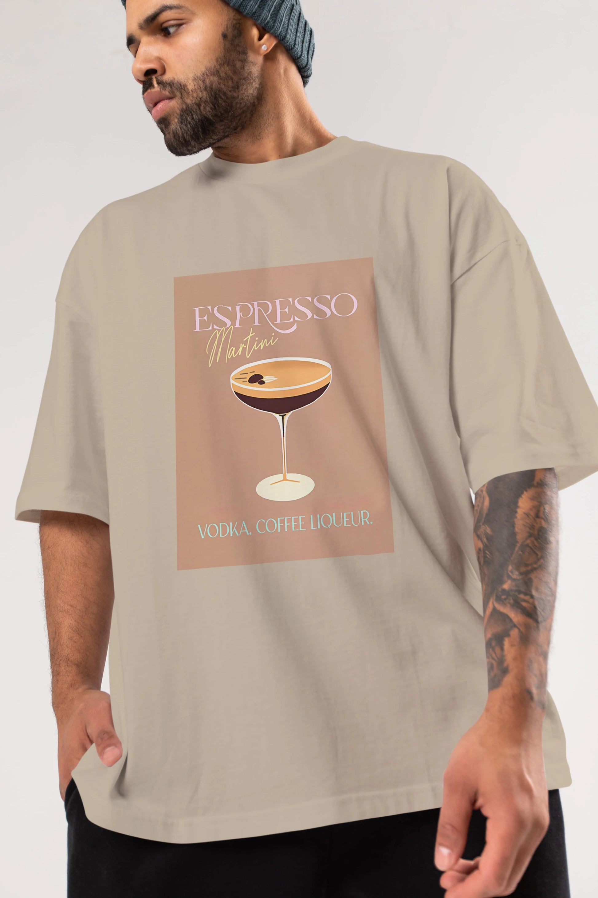 Espresso Martini Cocktail Ön Baskılı Oversize t-shirt Erkek Kadın Unisex %100 Pamuk Bisiklet Yaka tişort