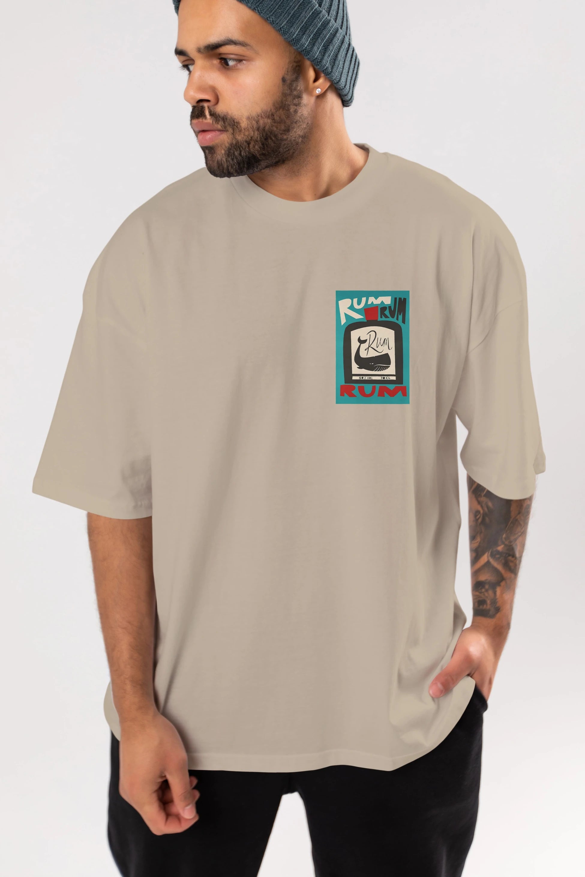 Rum Ön Sol Baskılı Oversize t-shirt Erkek Kadın Unisex %100 Pamuk Bisiklet Yaka tişort