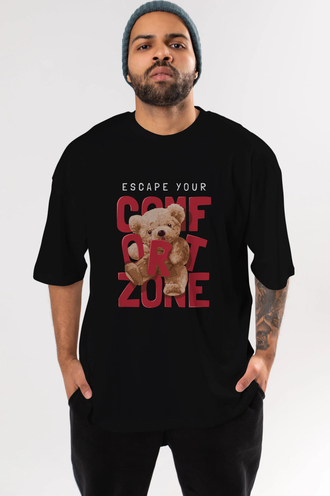 Teddy Bear Escape Comfort Zone Ön Baskılı Oversize t-shirt Erkek Kadın Unisex %100 Pamuk
