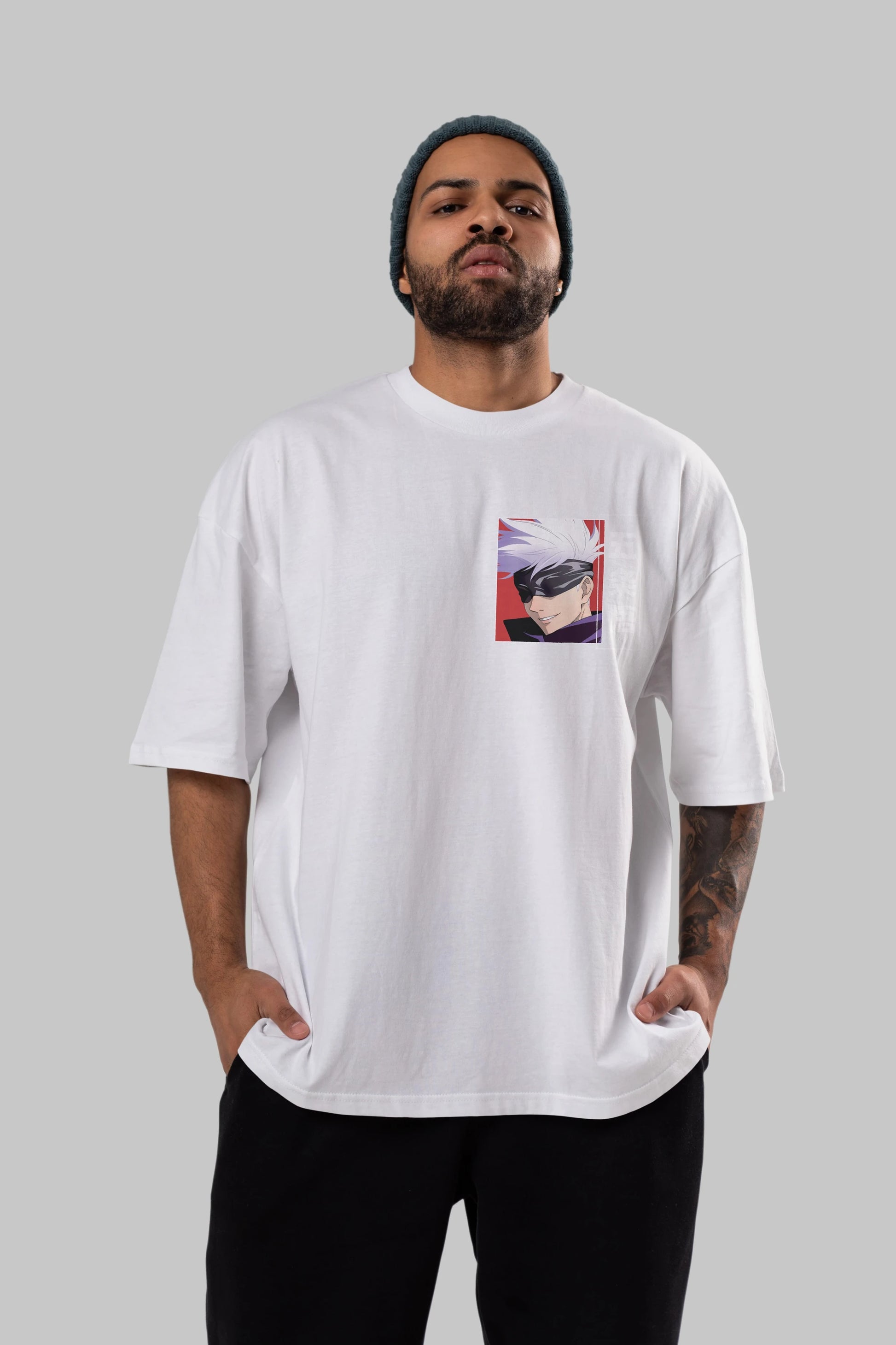 SATORU GOJO Ön Sol Baskılı Oversize t-shirt Erkek Kadın Unisex %100 Pamuk Bisiklet Yaka tişort