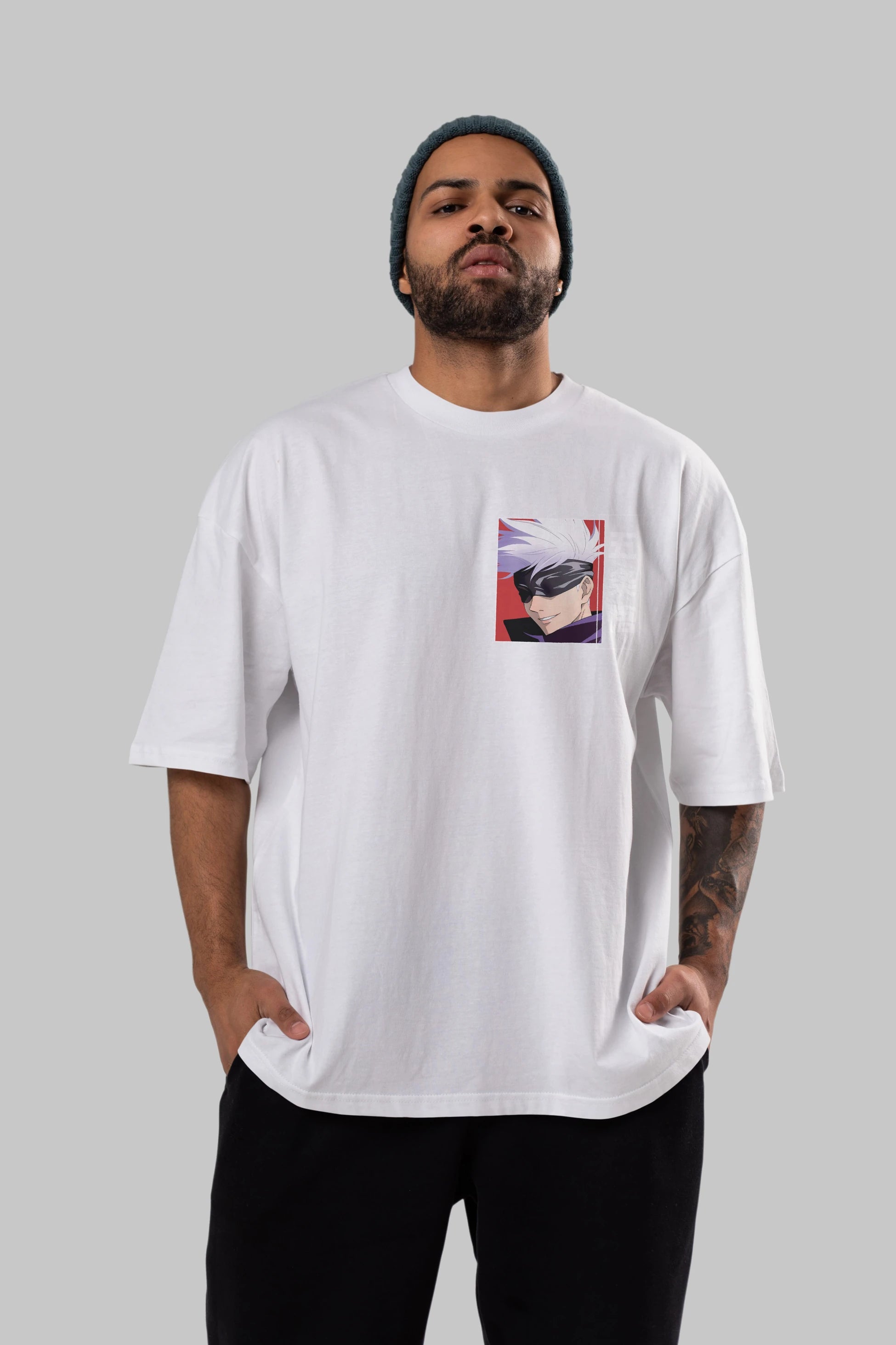 SATORU GOJO Ön Sol Baskılı Oversize t-shirt Erkek Kadın Unisex %100 Pamuk Bisiklet Yaka tişort