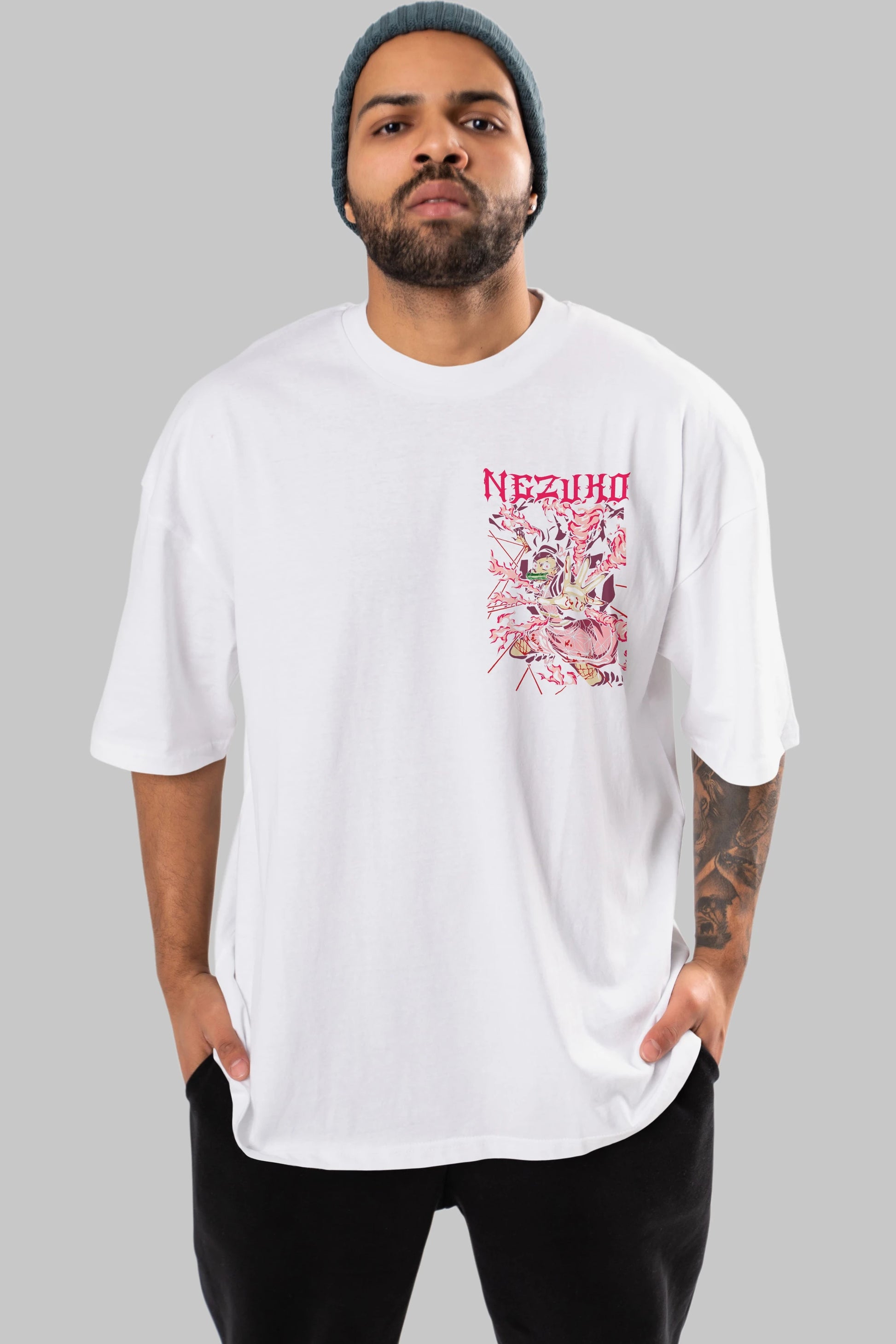 NEZUKO KAMADO Ön Sol Baskılı Oversize t-shirt Erkek Kadın Unisex %100 Pamuk Bisiklet Yaka tişort