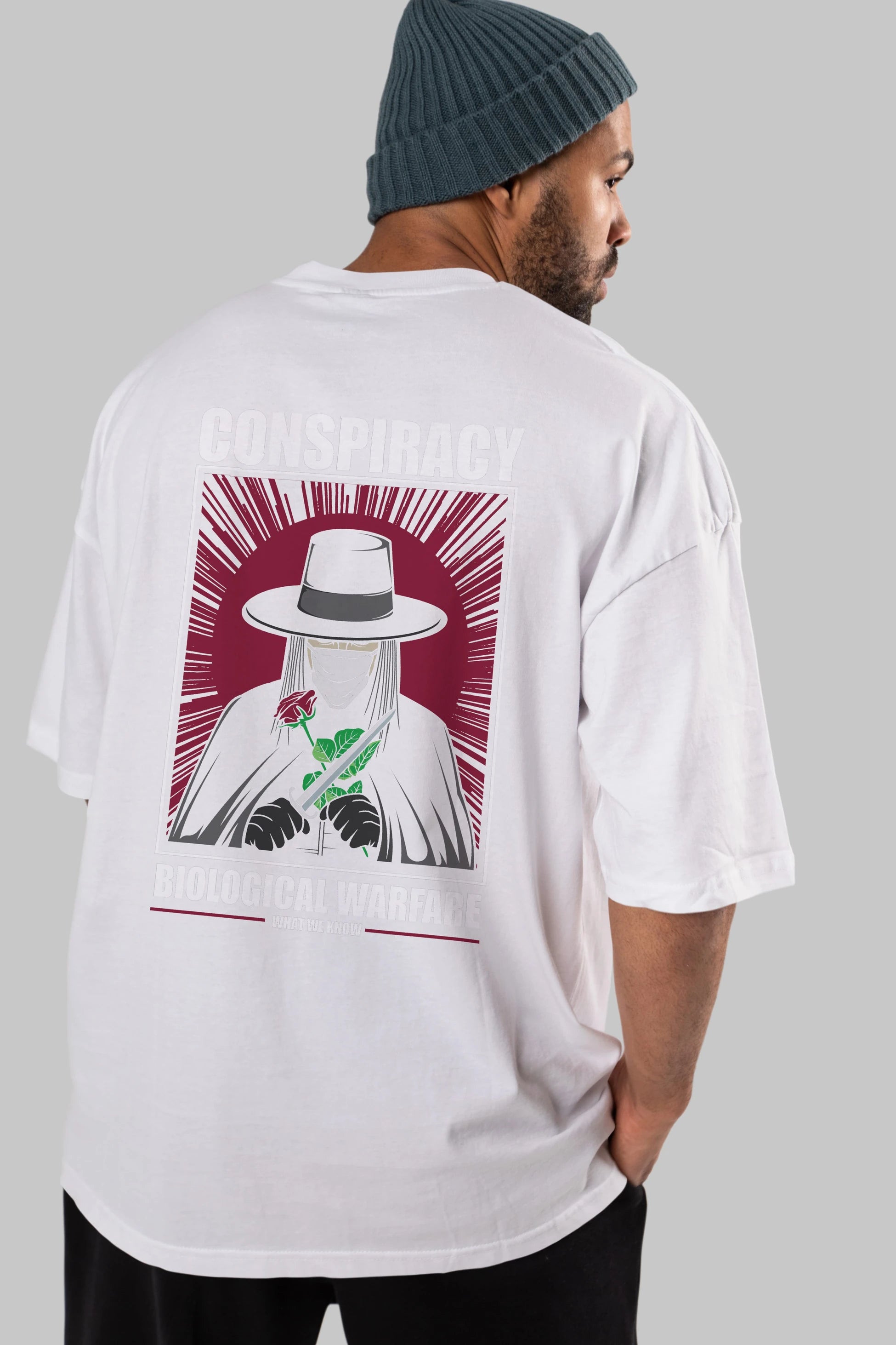 Vendetta Masker Arka Baskılı Oversize t-shirt Erkek Kadın Unisex %100 Pamuk tişort