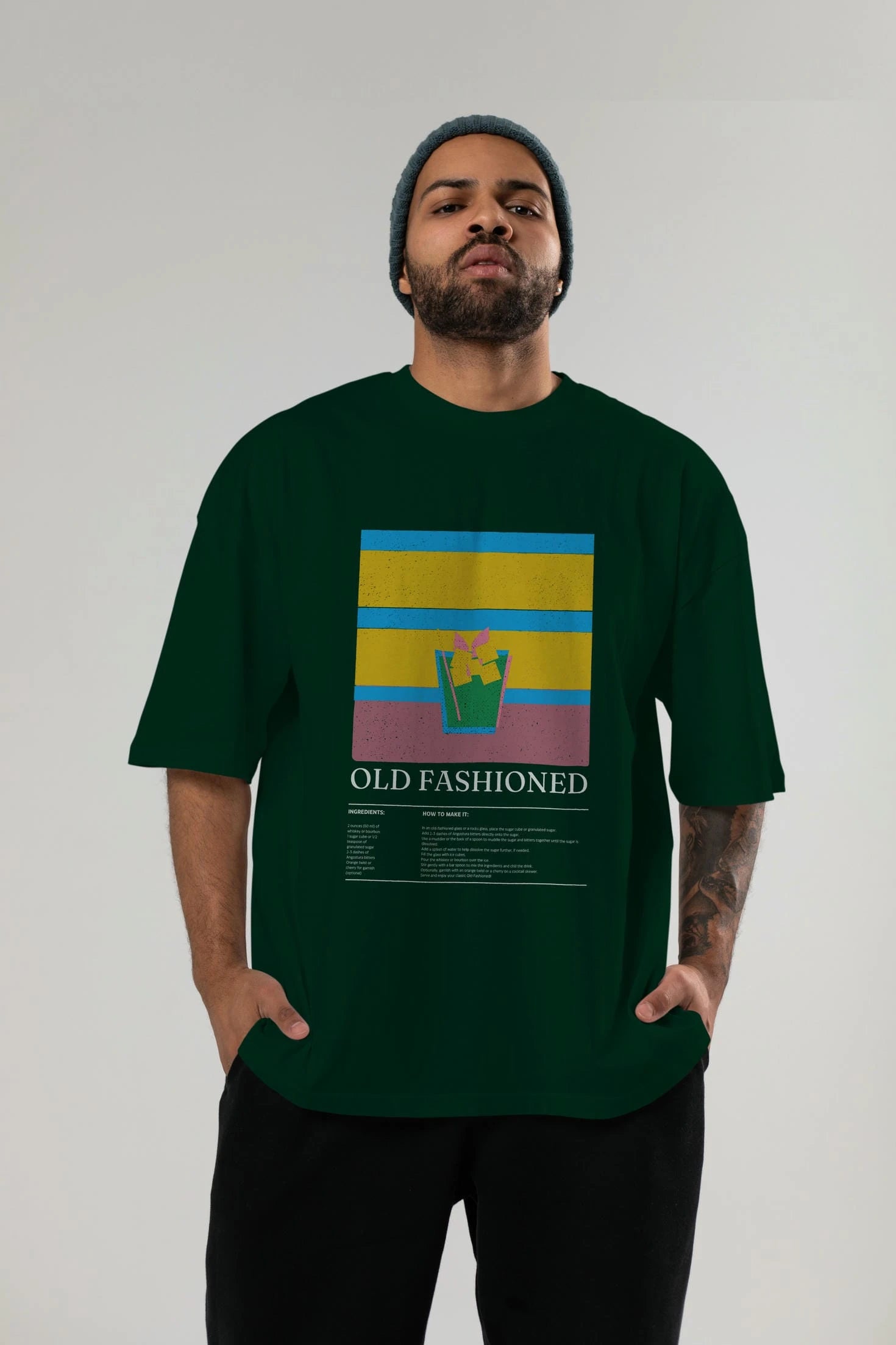 Old Fashioned Kokteyl Ön Baskılı Oversize t-shirt Erkek Kadın %100 Pamuk Bisiklet Yaka tişort
