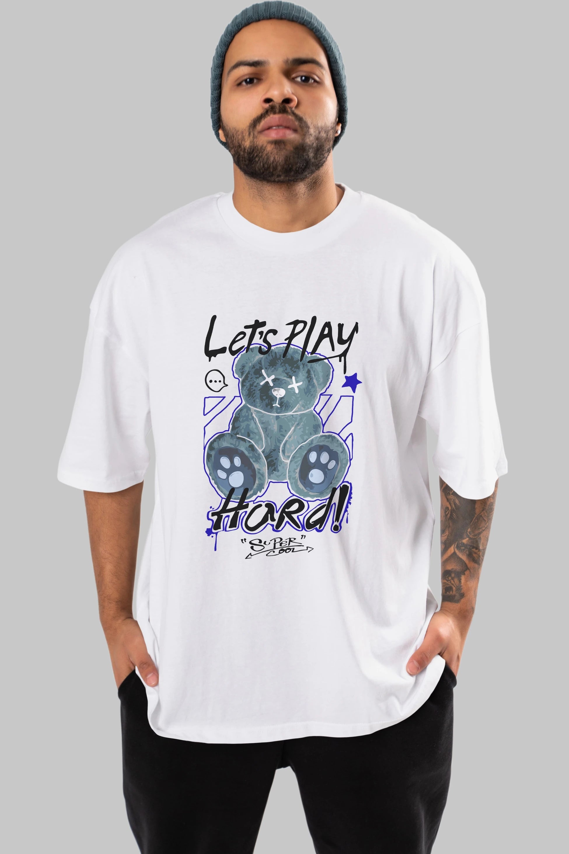 Lets Play Hard Bear Ön Baskılı Oversize t-shirt Erkek Kadın Unisex