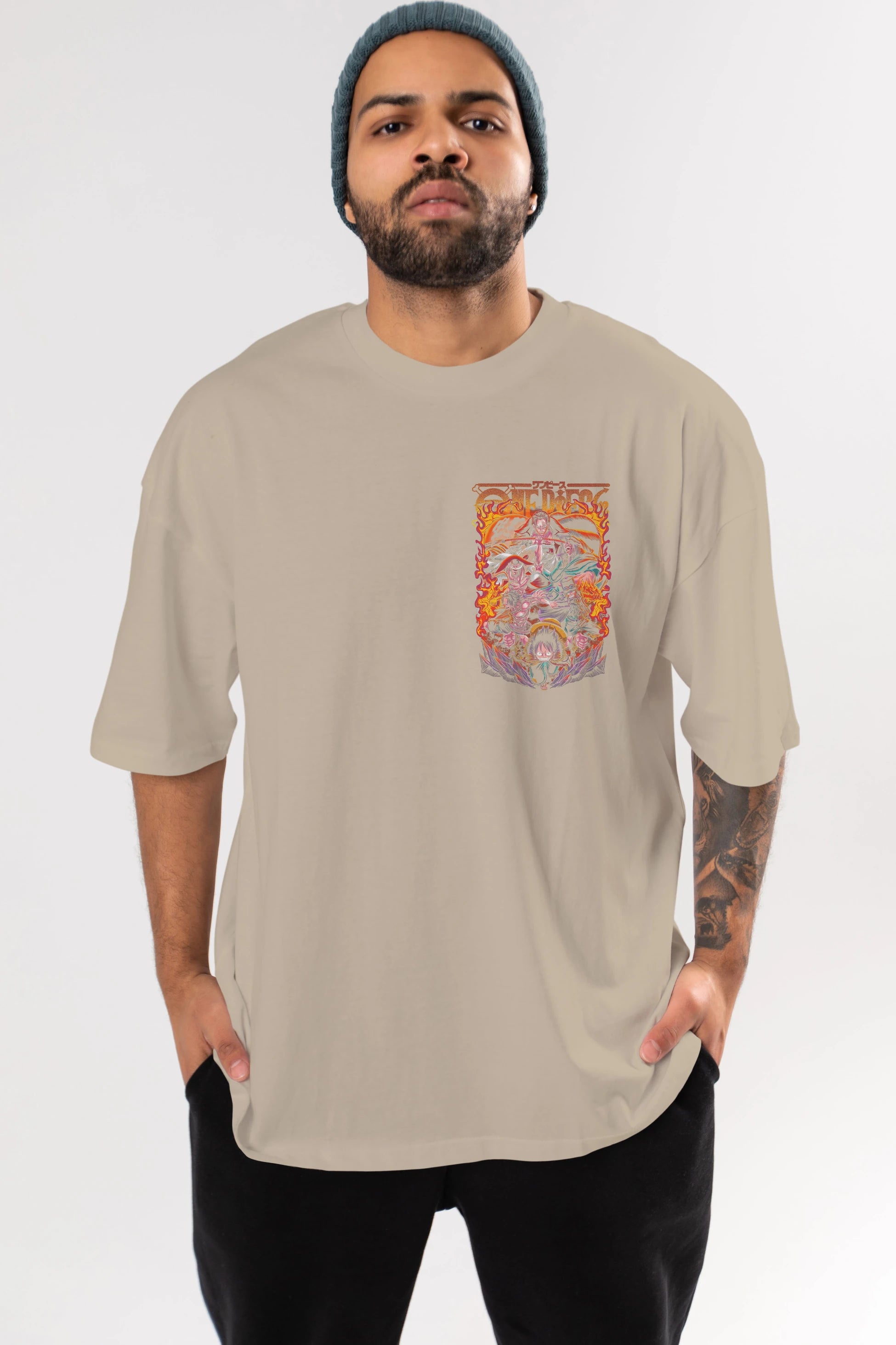 ONE PIECE (3) Ön Sol Baskılı Oversize t-shirt Erkek Kadın Unisex %100 Pamuk Bisiklet Yaka tişort
