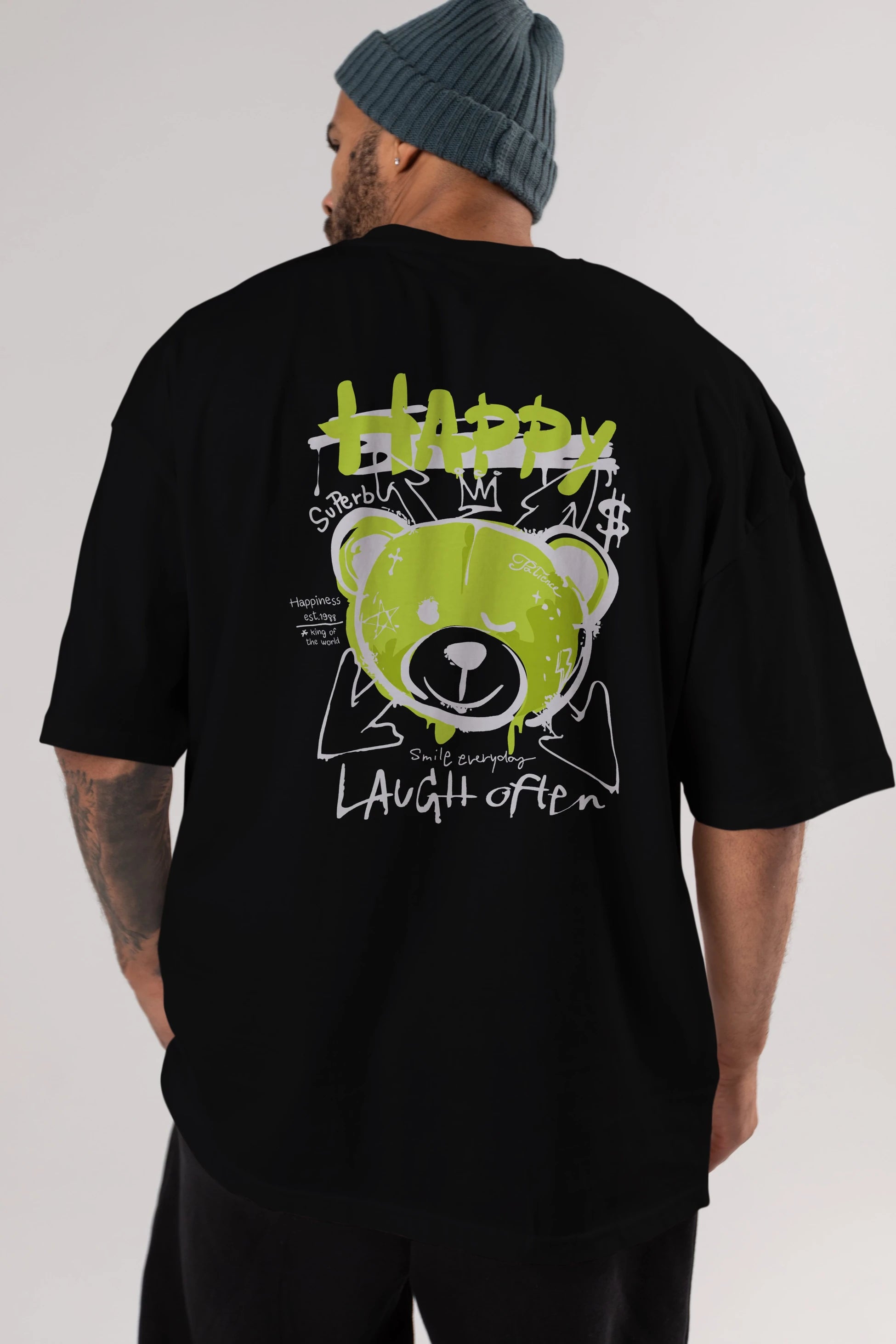 Happy Bear Arka Baskılı Oversize t-shirt Erkek Kadın Unisex