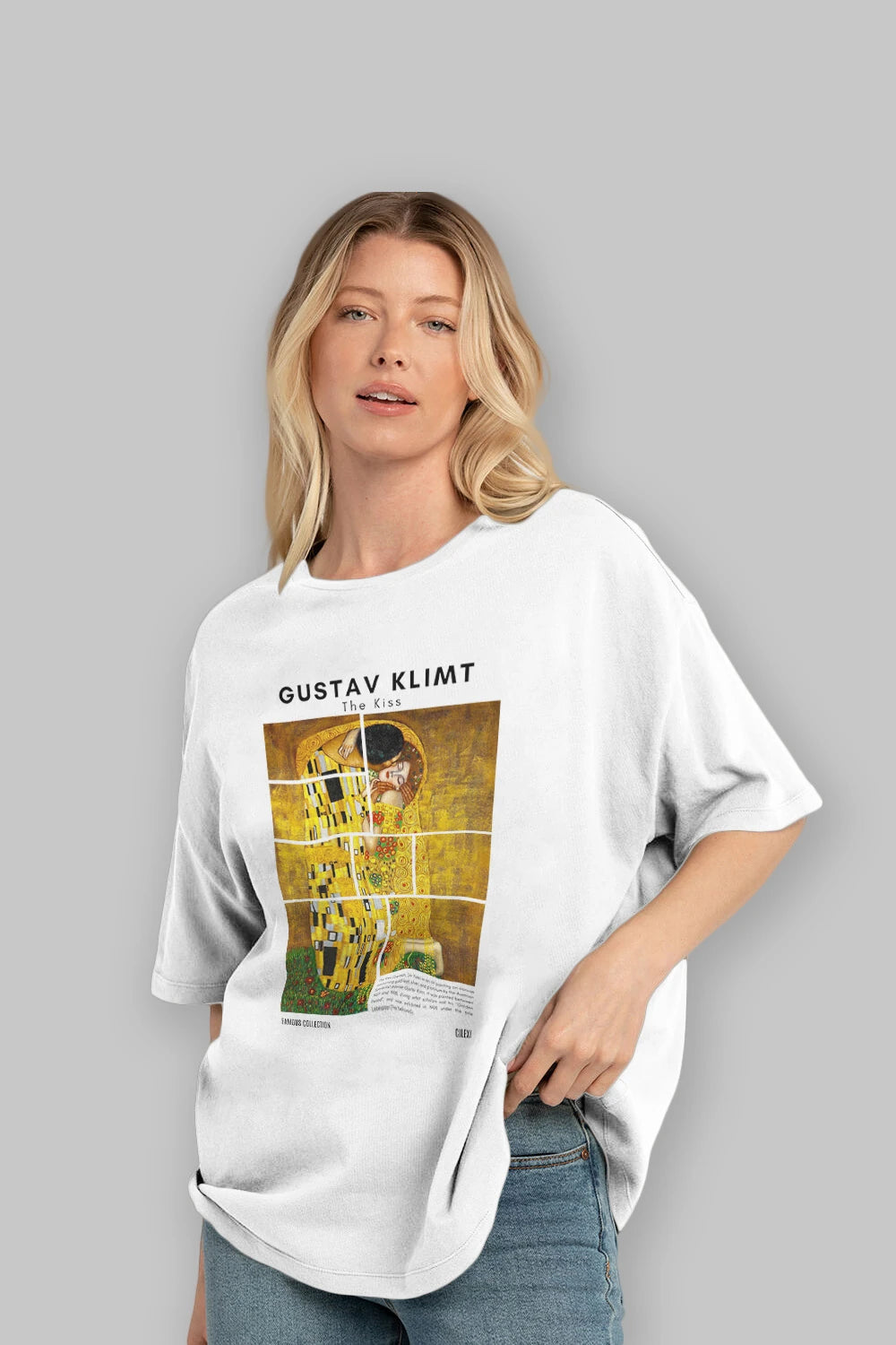 Gustav Klimt The Kiss ön Baskılı Oversize t-shirt Erkek Kadın Bisiklet Yaka Pamuk tişort