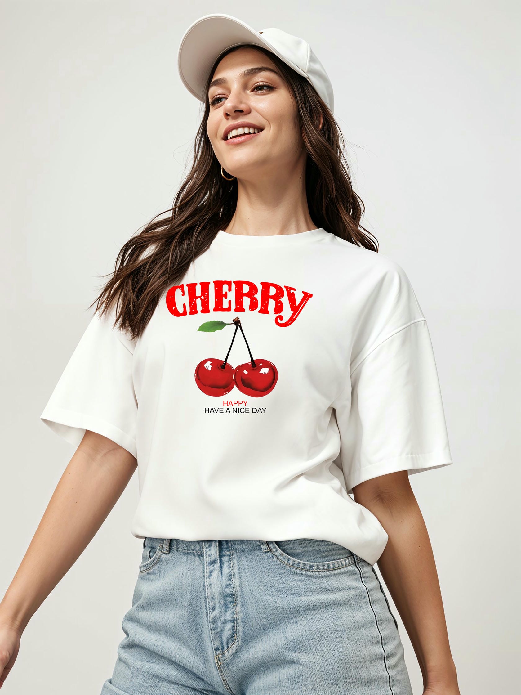 Cherry Cherries 5 Ön Baskılı Oversize t-shirt Erkek Kadın Pamuk Bisiklet Yaka tişort