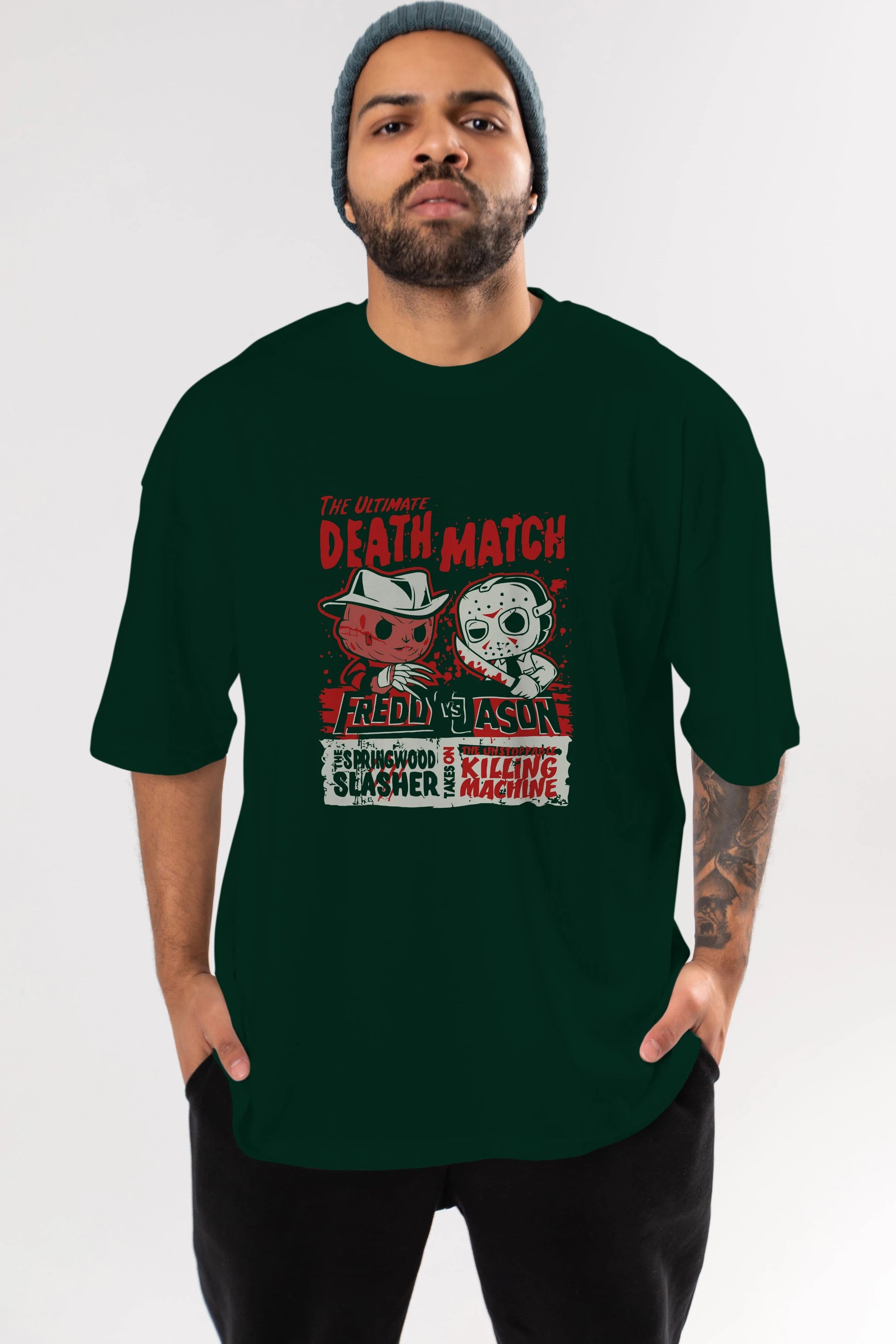 Freddy vs Jason Ön Baskılı Oversize t-shirt Erkek Kadın Unisex %100 Pamuk Bisiklet Yaka tişort