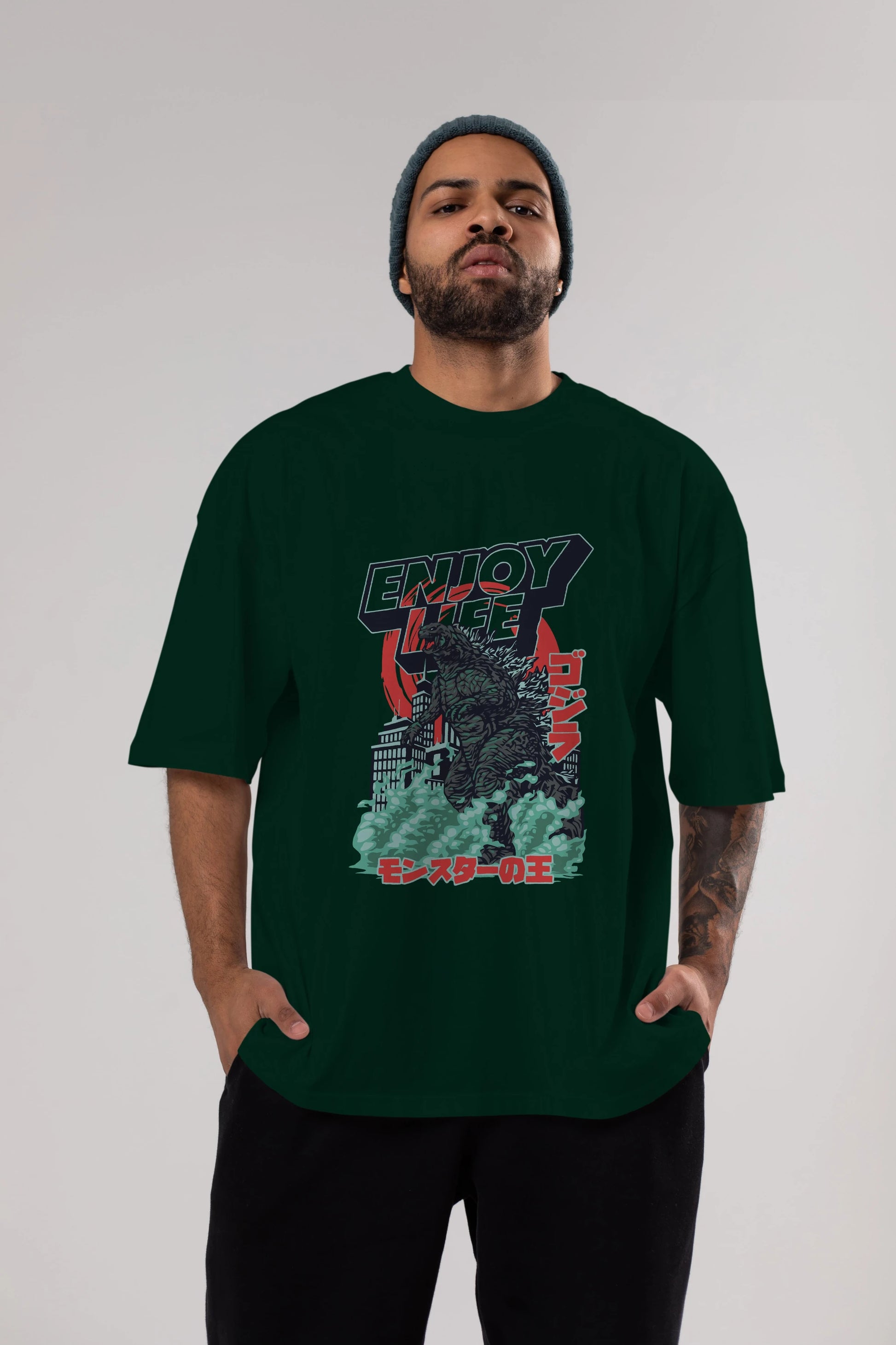 Godzilla Ön Baskılı Oversize t-shirt Erkek Kadın Unisex %100 Pamuk Bisiklet Yaka tişort
