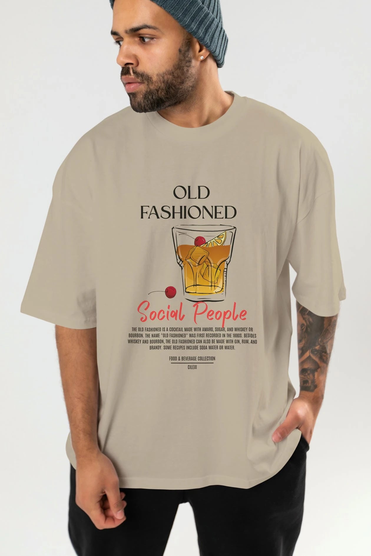 Old Fashıoned Kokteyl Serisi ön Baskılı Oversize t-shirt Erkek Kadın %100 Pamuk Bisiklet Yaka tişort