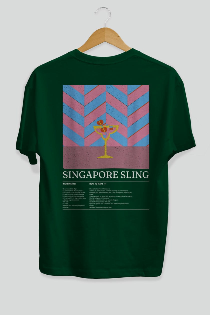Singapore Sling Kokteyl Serisi Arka Baskılı Oversize t-shirt Erkek Kadın %100 Pamuk Bisiklet Yaka tişort