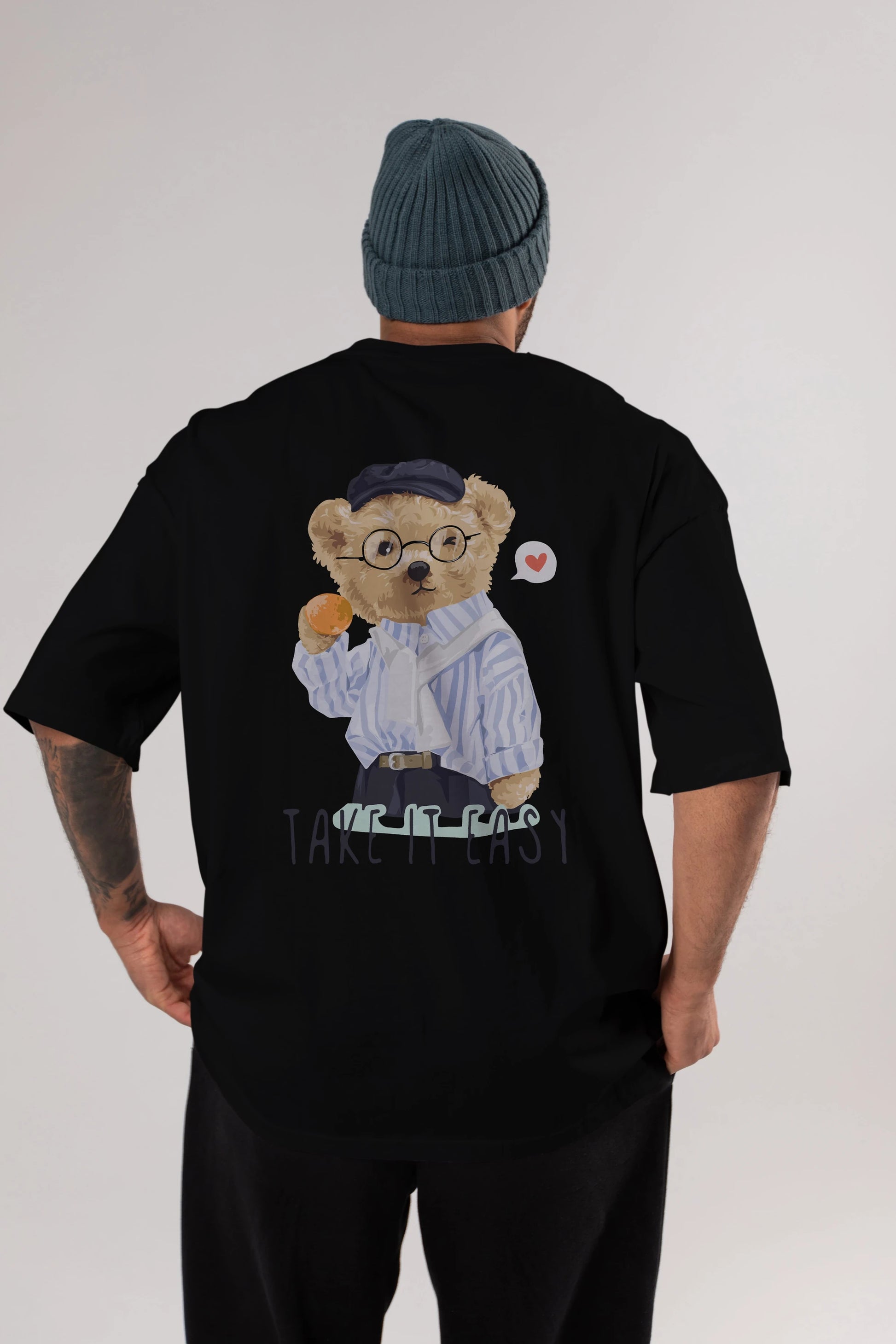 Teddy Bear Take it Easy Arka Baskılı Oversize t-shirt Erkek Kadın Unisex %100 Pamuk