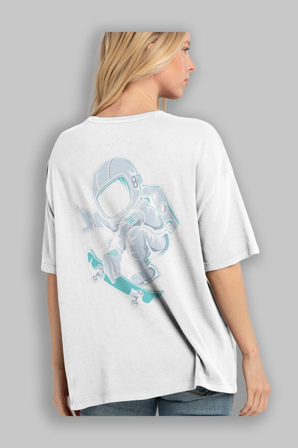 Astronaut Skateboard Jump Arka Baskılı Oversize t-shirt Erkek Kadın Unisex