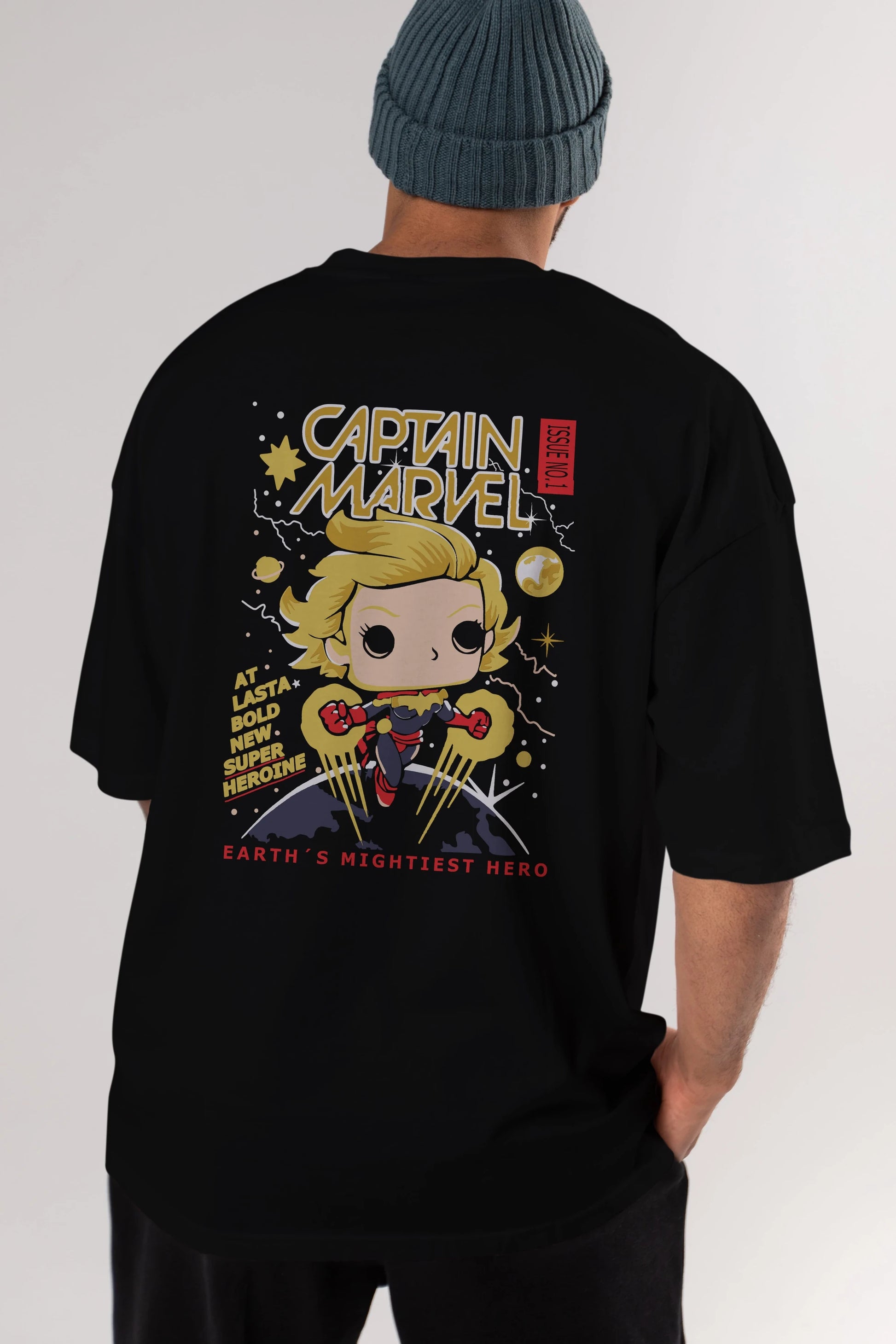 Captain Marvel Arka Baskılı Oversize t-shirt Erkek Kadın Unisex %100 Pamuk Bisiklet Yaka tişort