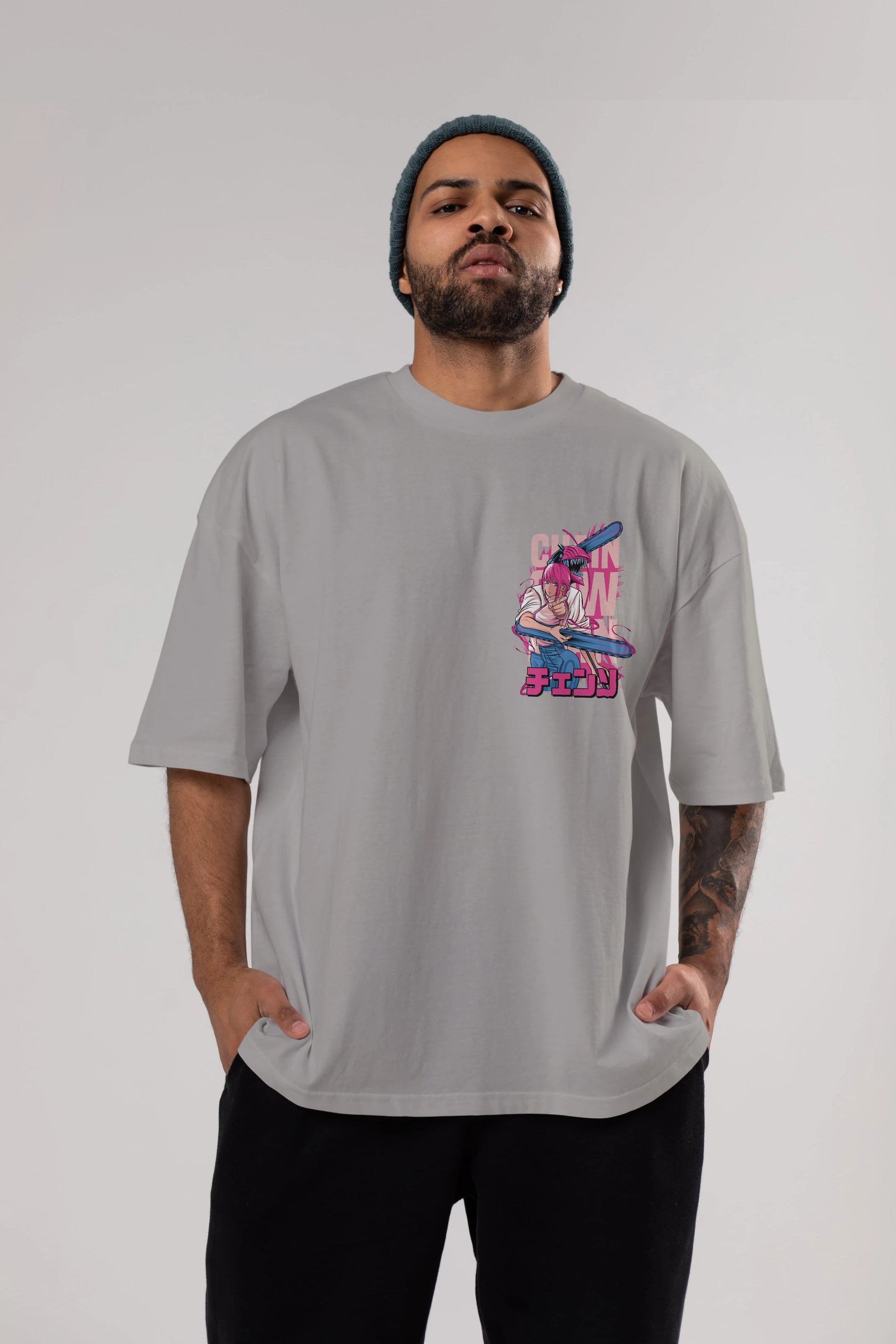 DENJI and MAKIMA Ön Sol Baskılı Oversize t-shirt Erkek Kadın Unisex %100 Pamuk Bisiklet Yaka tişort