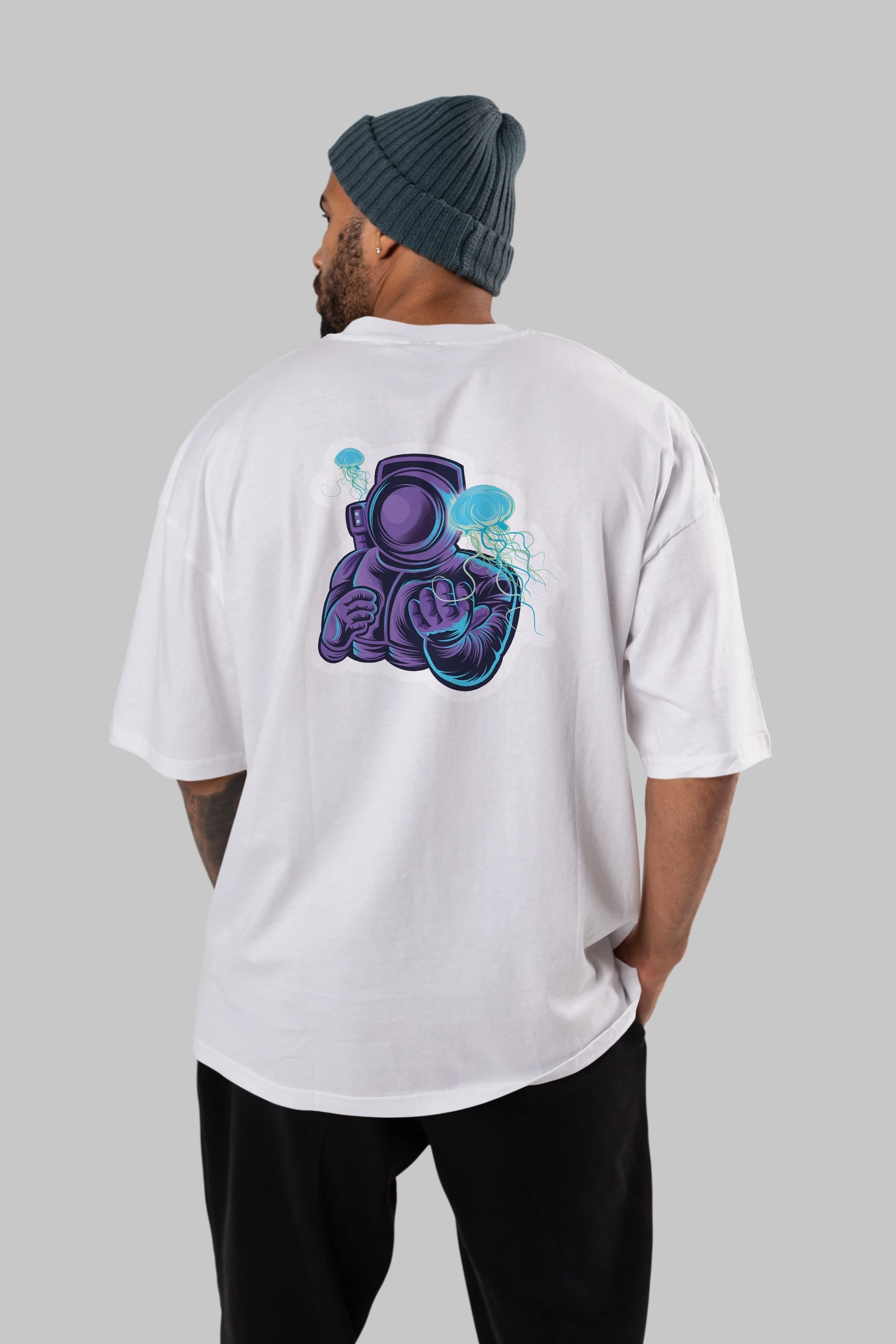 Astronaut and Jellyfish Sticker Arka Baskılı Oversize t-shirt Erkek Kadın Unisex