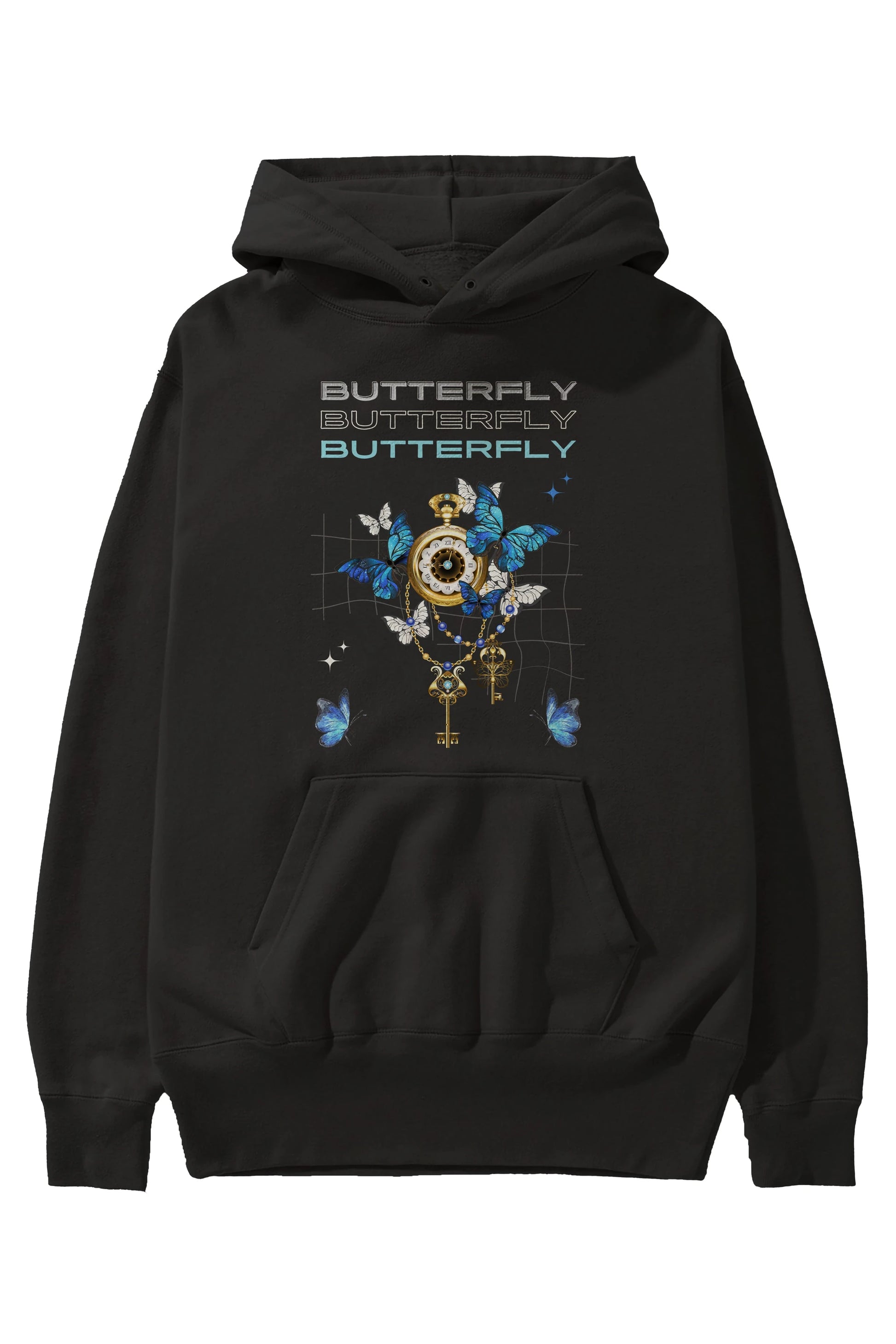 Butterfly Yazılı Ön Baskılı Oversize Hoodie Kapüşonlu Sweatshirt Erkek Kadın Unisex