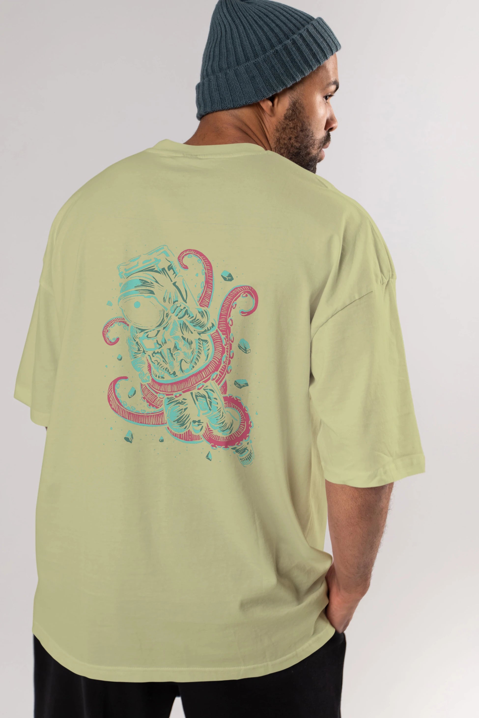 Astronaut Octopus Arka Baskılı Oversize t-shirt Erkek Kadın Unisex %100 Pamuk