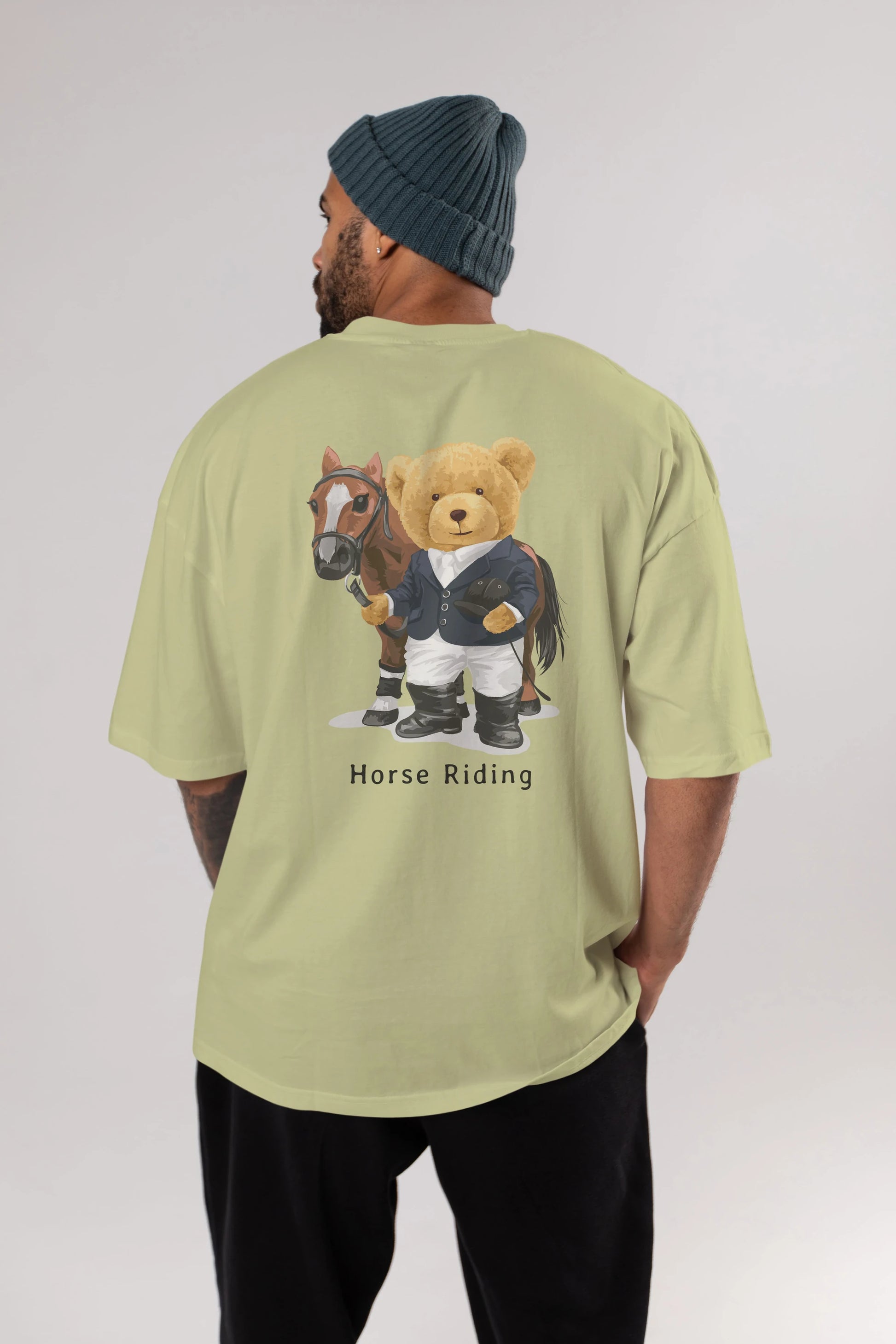 Teddy Bear Horse Riding Arka Baskılı Oversize t-shirt Erkek Kadın Unisex %100 Pamuk