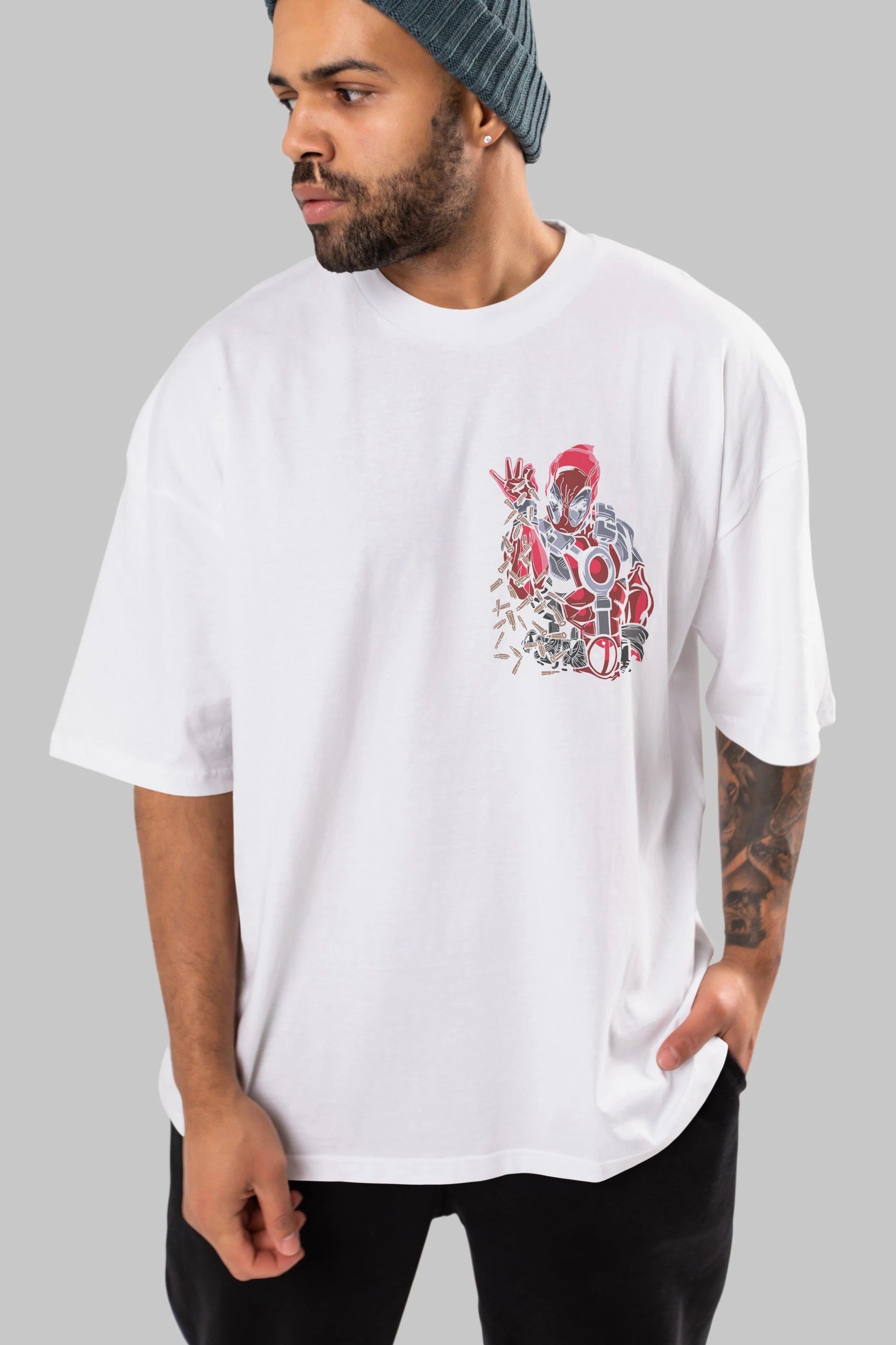 Deadpool (2) Ön Sol Baskılı Oversize t-shirt Erkek Kadın Unisex %100 Pamuk Bisiklet Yaka tişort