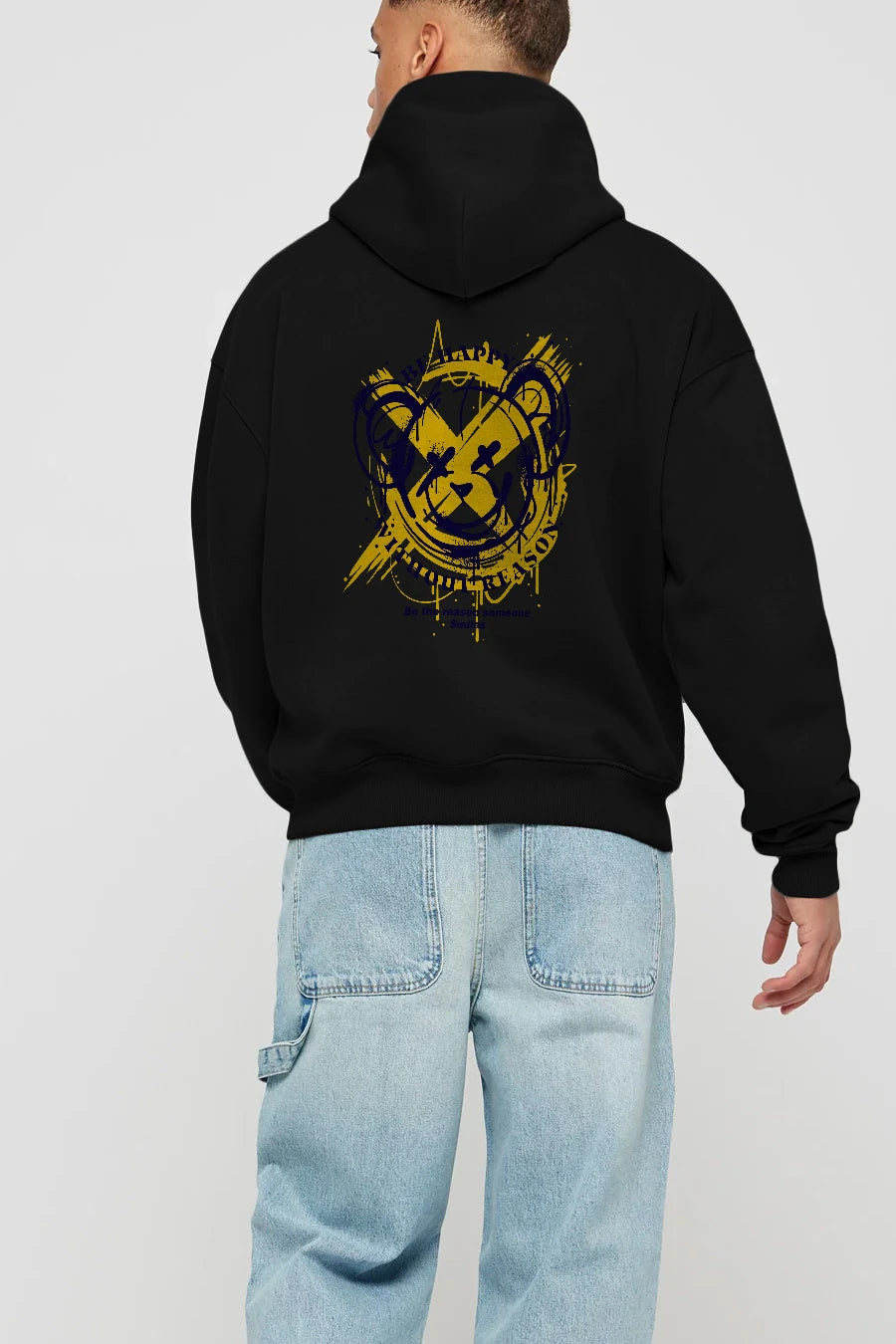 Be Happy Bear 2 Arka Baskılı Hoodie Oversize Kapüşonlu Sweatshirt Erkek Kadın Unisex