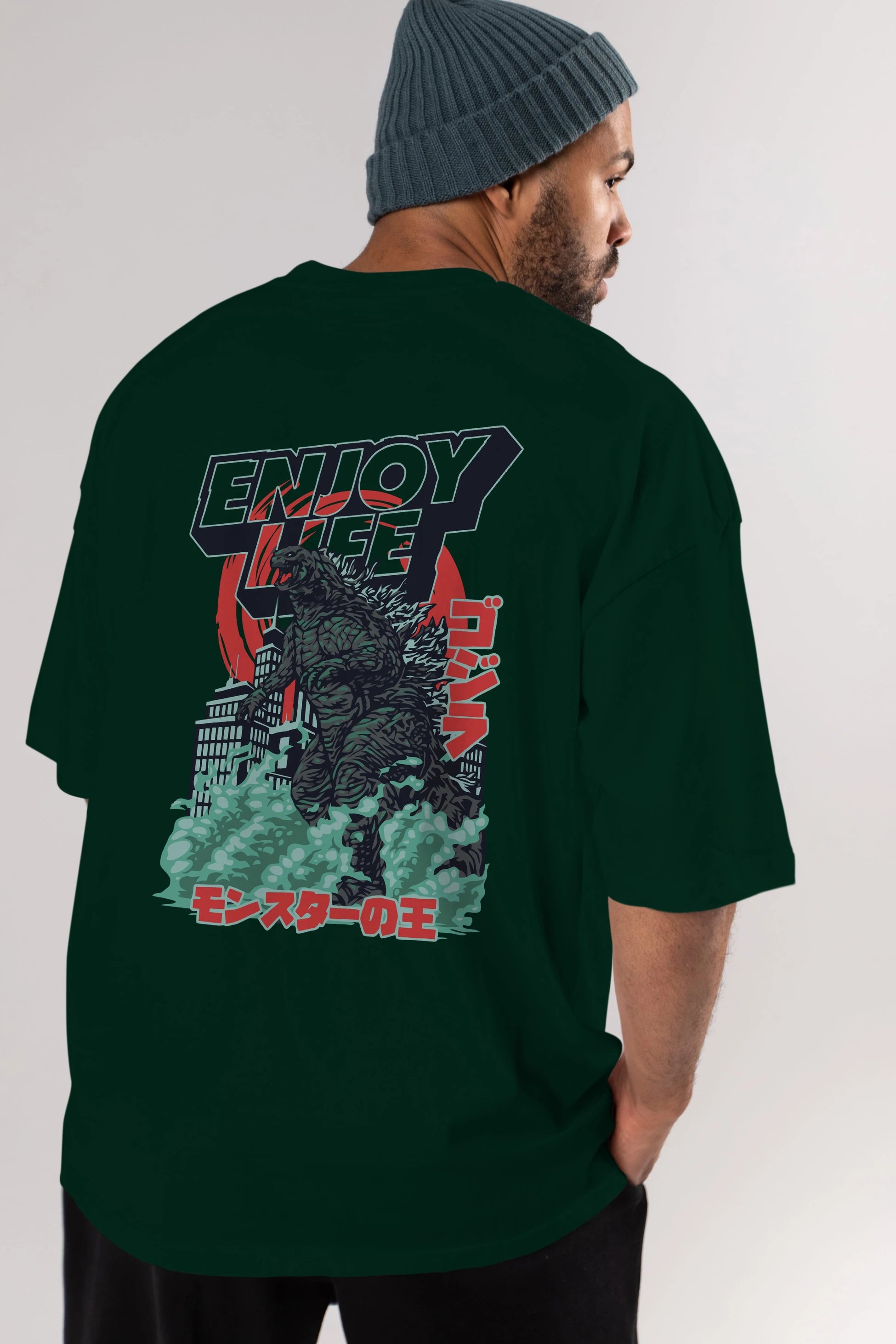 Godzilla Arka Baskılı Oversize t-shirt Erkek Kadın Unisex %100 Pamuk Bisiklet Yaka tişort