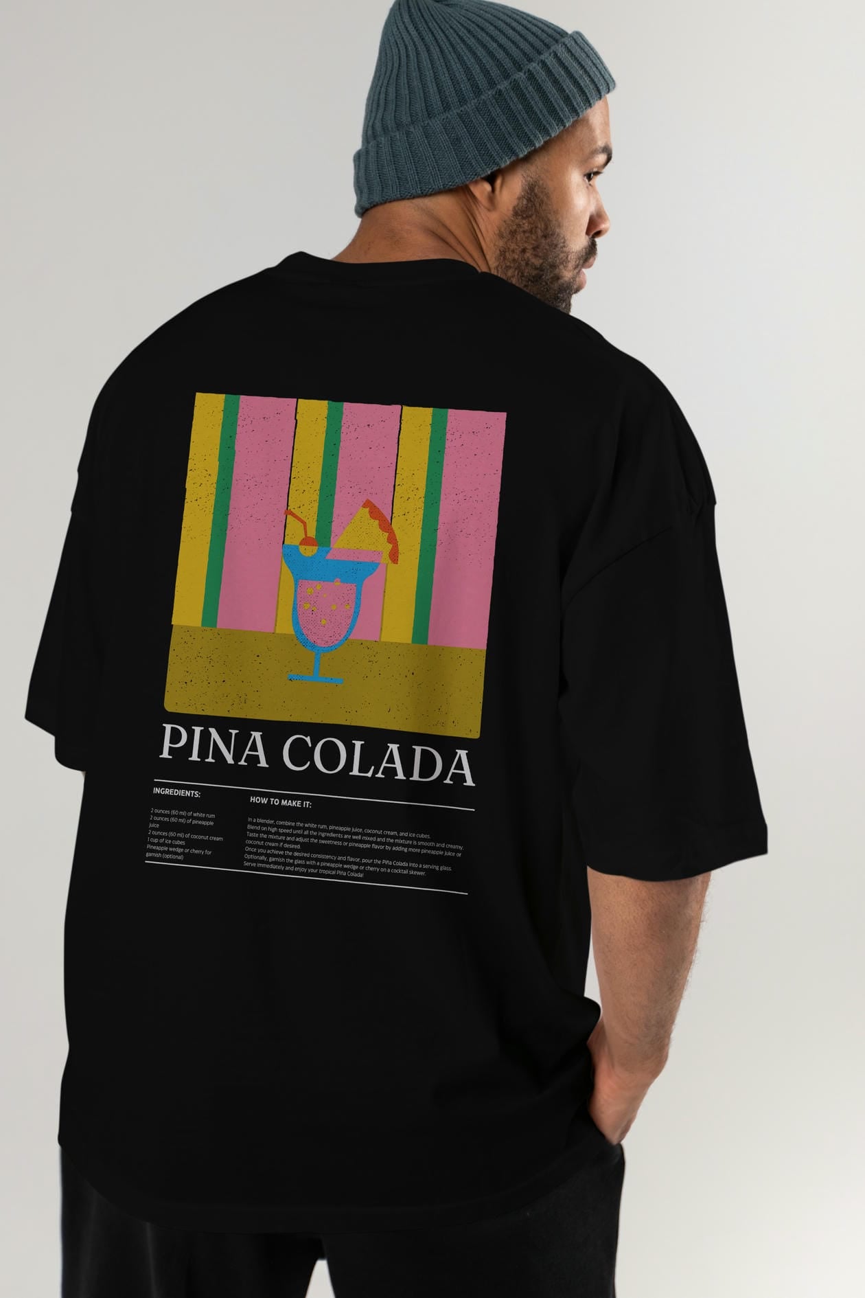 Pina Colada Kokteyl Serisi Arka Baskılı Oversize t-shirt Erkek Kadın %100 Pamuk Bisiklet Yaka tişort
