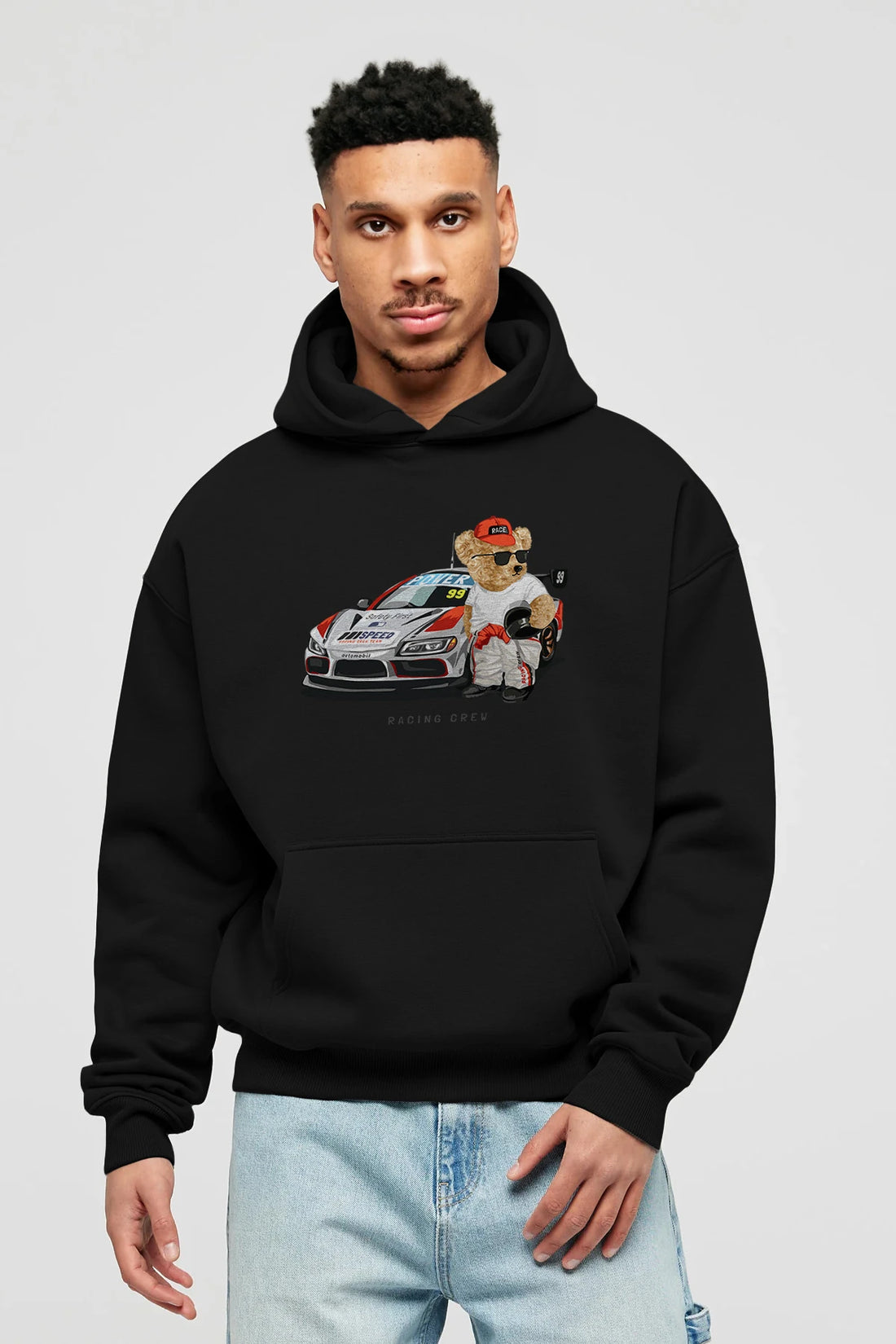 Teddy Bear Racing Crew Ön Baskılı Hoodie Oversize Kapüşonlu Sweatshirt Erkek Kadın Unisex