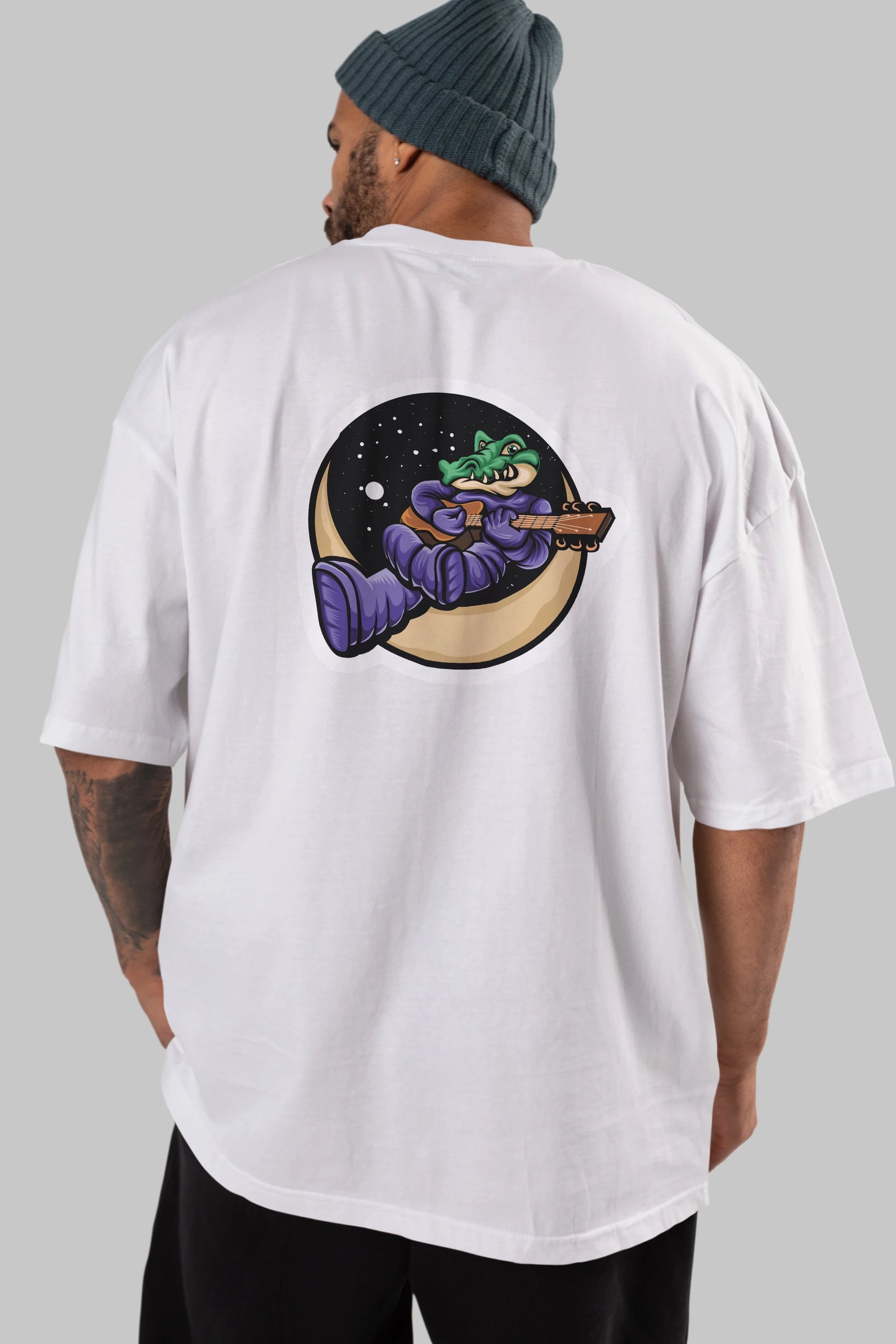 Space Crocodile Sticker Arka Baskılı Oversize t-shirt Erkek Kadın Unisex