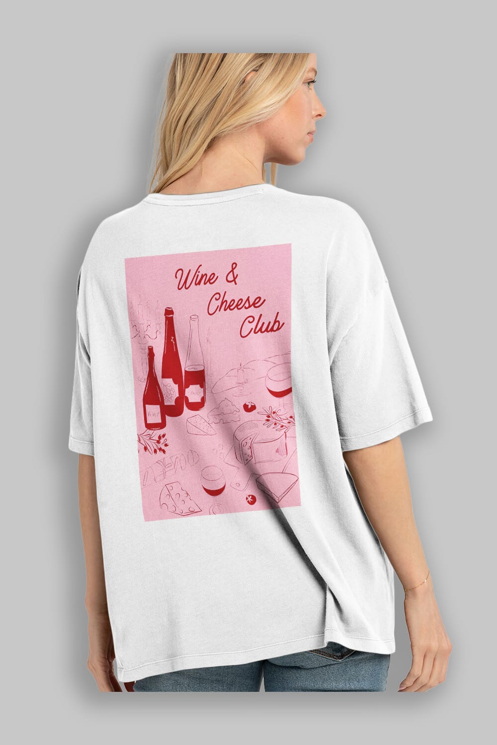 Wine Cheese Club Arka Baskılı Oversize t-shirt Erkek Kadın Unisex %100 Pamuk Bisiklet Yaka tişort