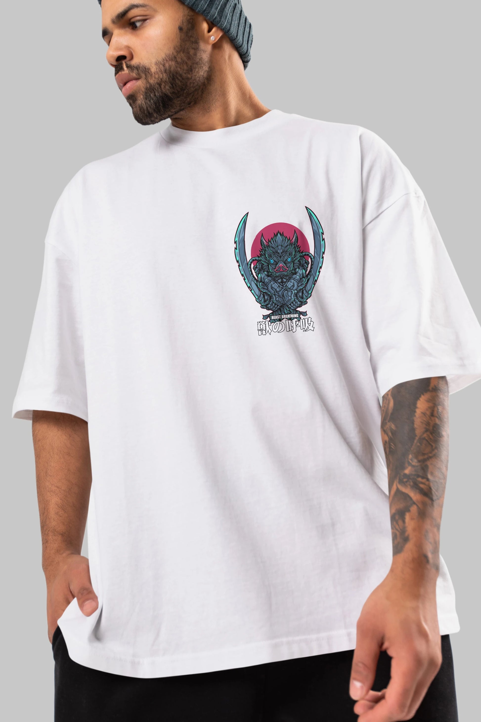 Inosuke DEMON SLAYER Ön Sol Baskılı Oversize t-shirt Erkek Kadın Unisex %100 Pamuk Bisiklet Yaka tişort