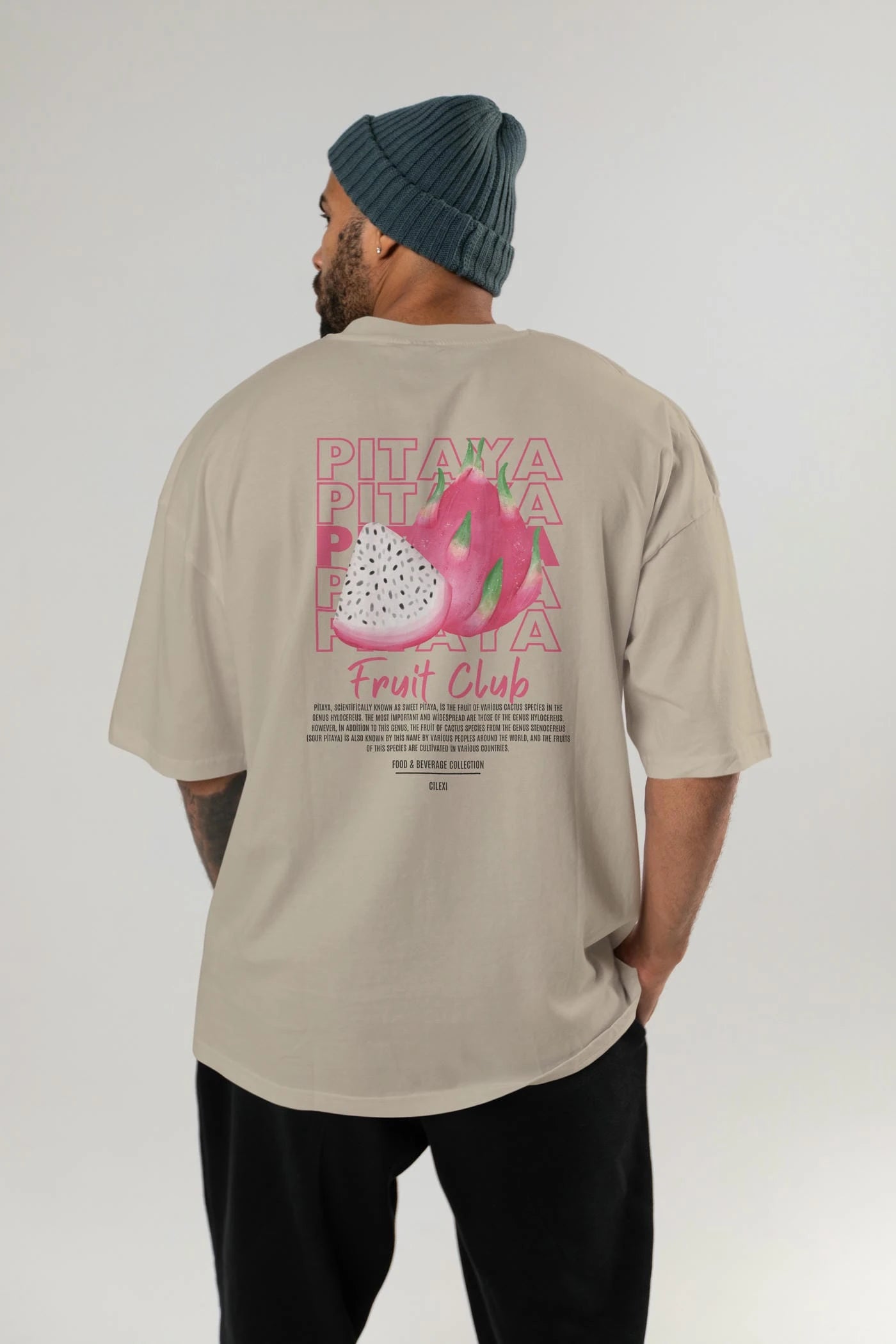 Pitaya Arka Baskılı Oversize t-shirt Erkek Kadın Pamuk Bisiklet Yaka tişort