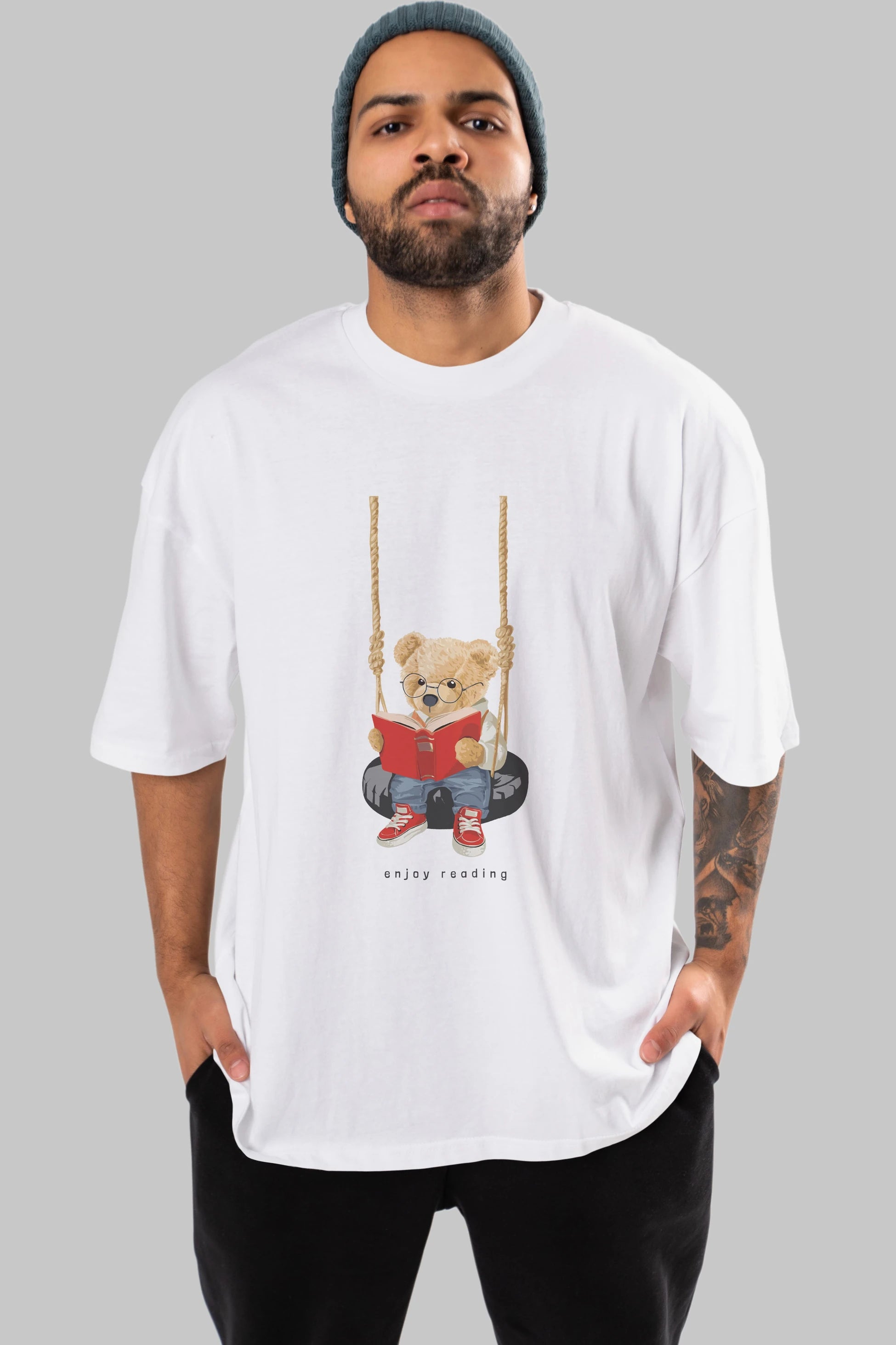 Teddy Bear Enjoy Reading Ön Baskılı Oversize t-shirt Erkek Kadın Unisex %100 Pamuk