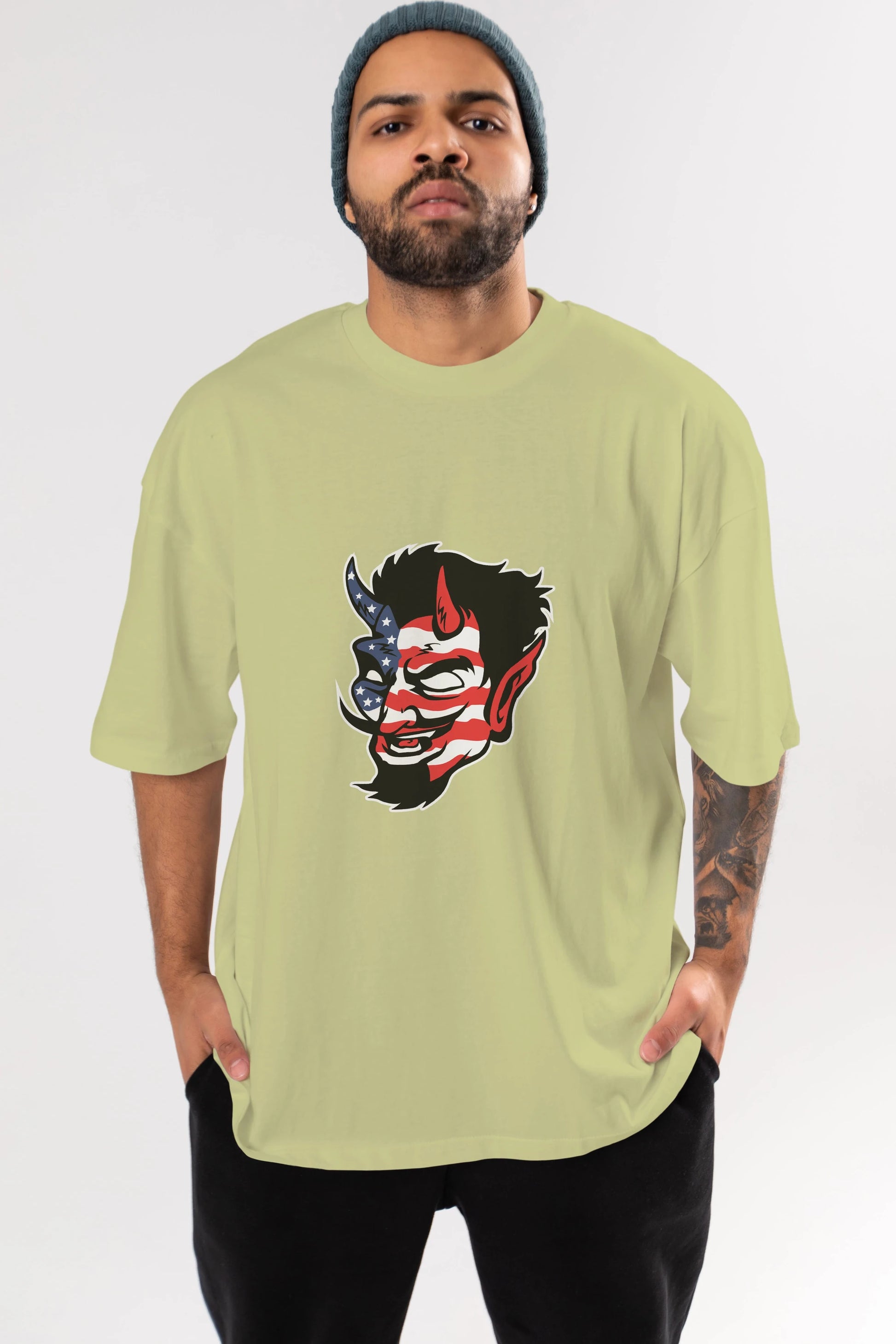 American Devil Ön Baskılı Oversize t-shirt Erkek Kadın Unisex %100 Pamuk tişort