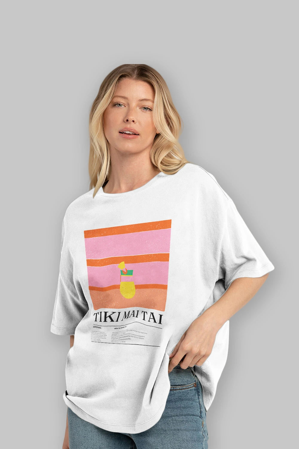 Tiki Mai Tai Kokteyl Ön Baskılı Oversize t-shirt Erkek Kadın %100 Pamuk Bisiklet Yaka tişort