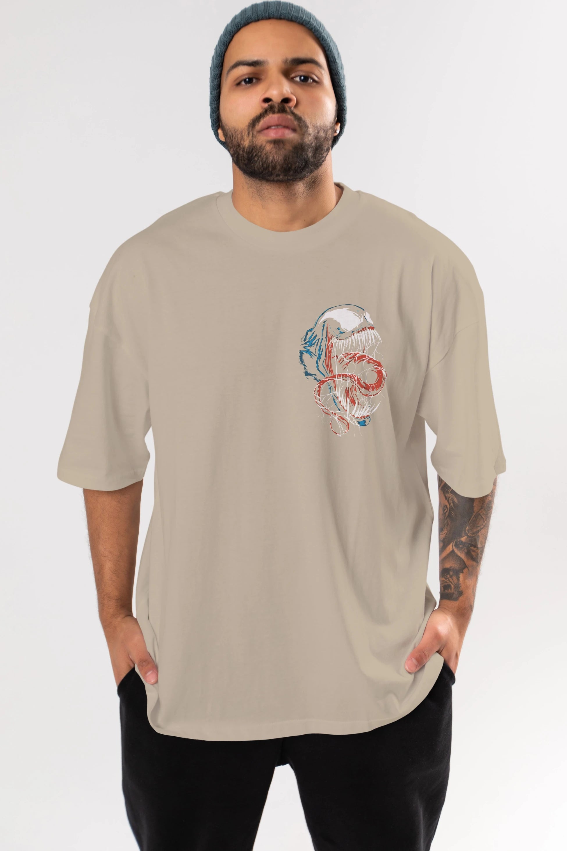 Venom (10) Ön Sol Baskılı Oversize t-shirt Erkek Kadın Unisex %100 Pamuk Bisiklet Yaka tişort