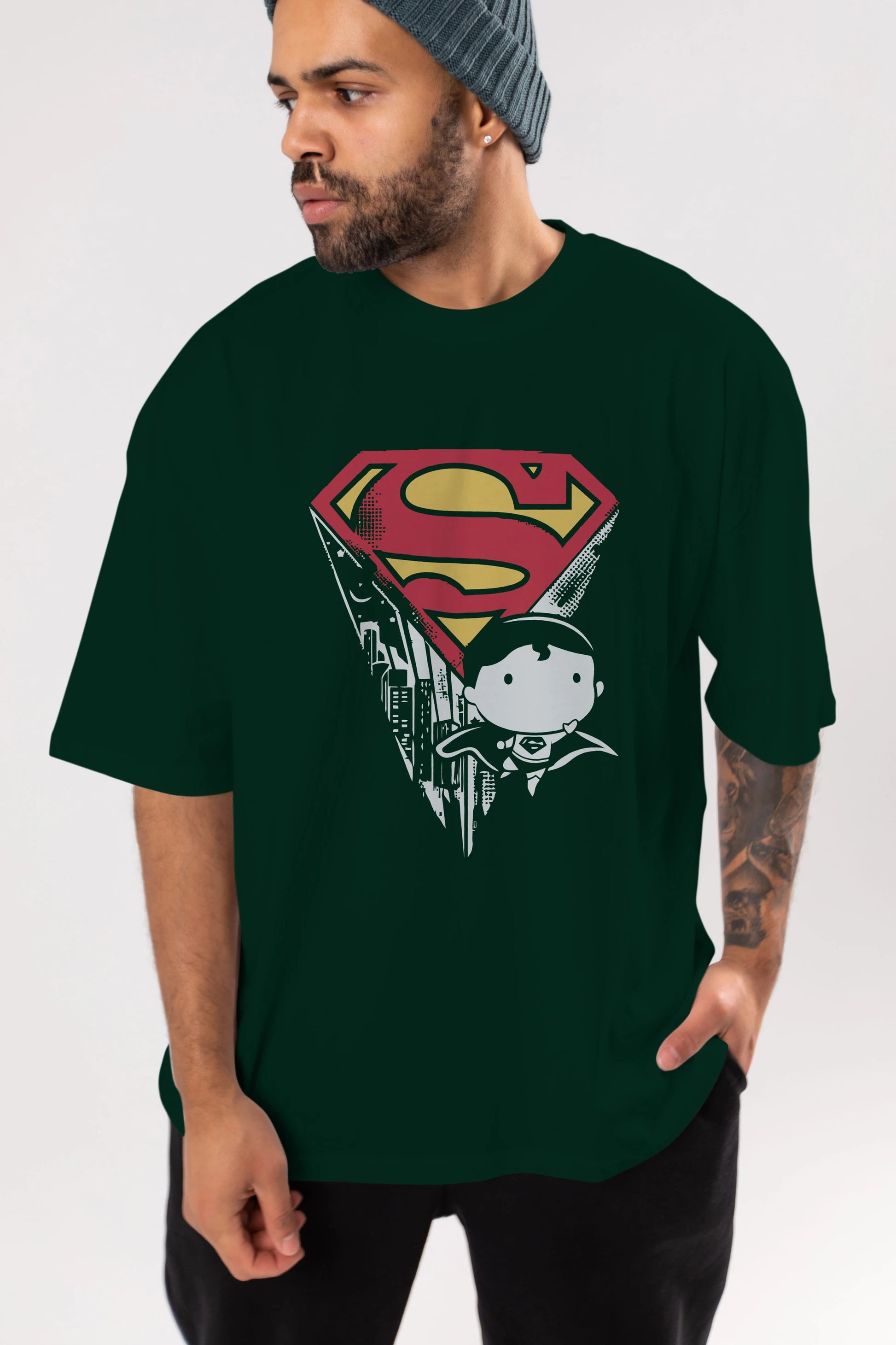 Superman Ön Baskılı Oversize t-shirt Erkek Kadın Unisex %100 Pamuk Bisiklet Yaka tişort