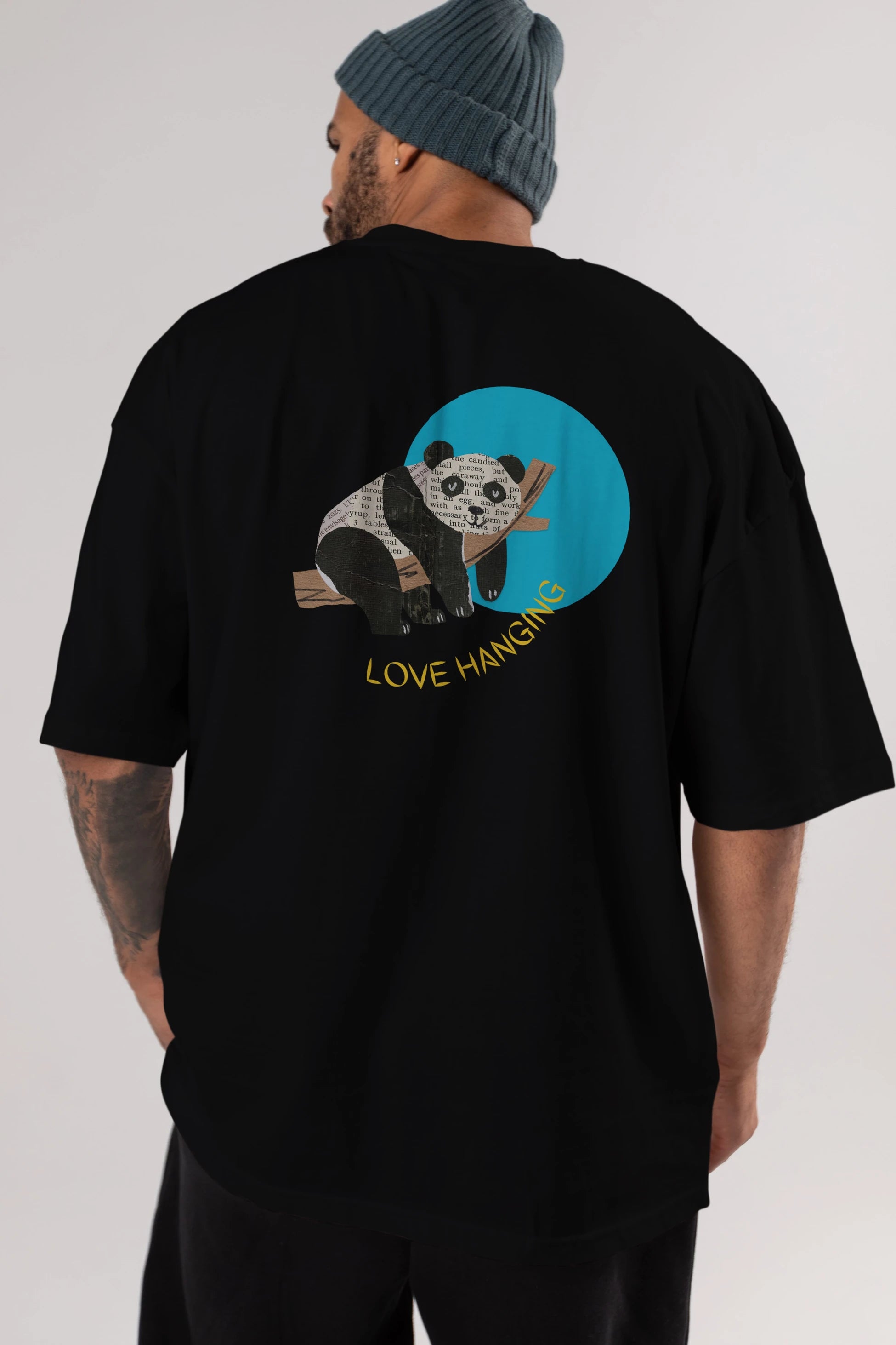 Panda Love Hanging Arka Baskılı Oversize t-shirt Erkek Kadın Unisex