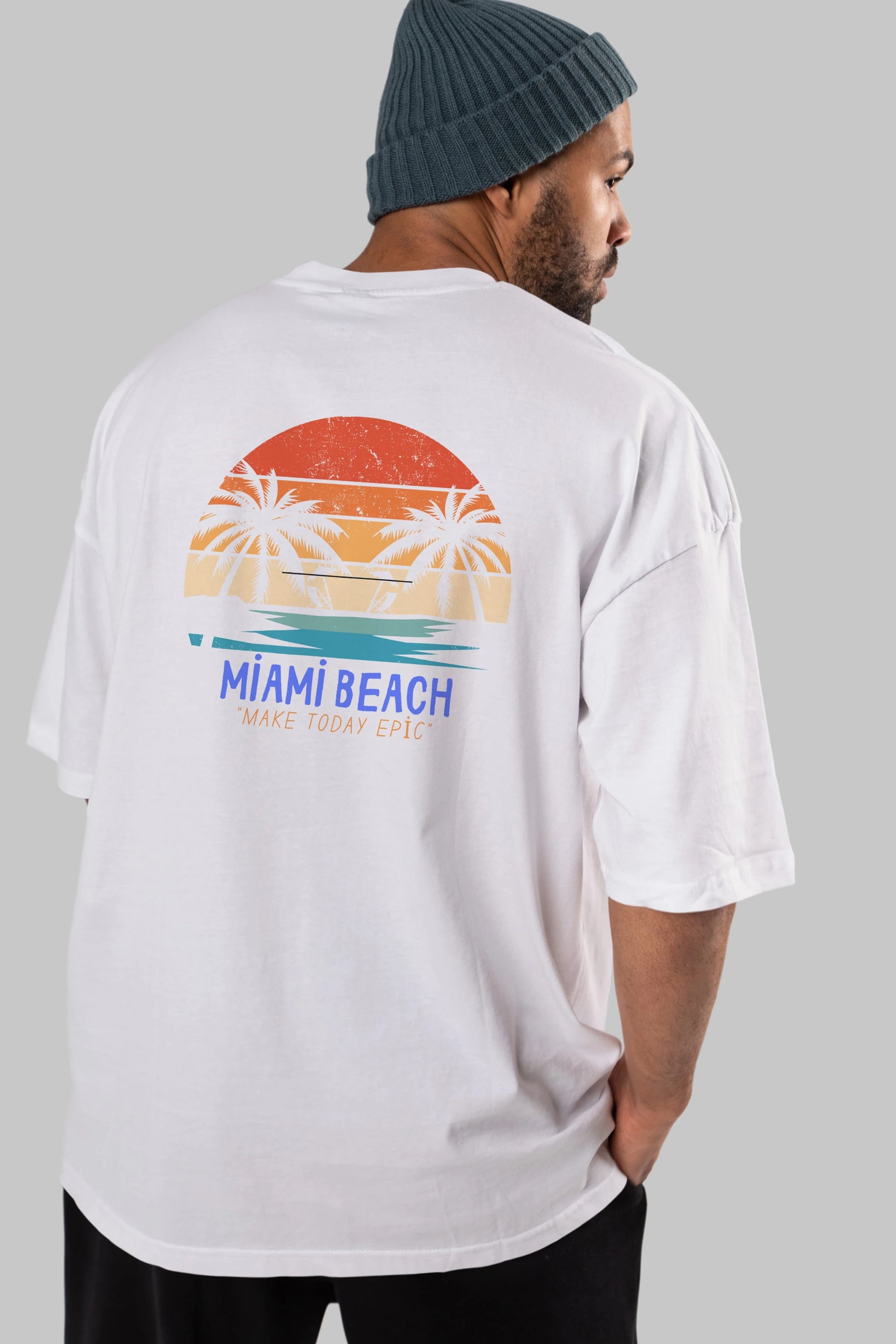 Miami Beach Yazılı Arka Baskılı Oversize t-shirt Erkek Kadın Unisex