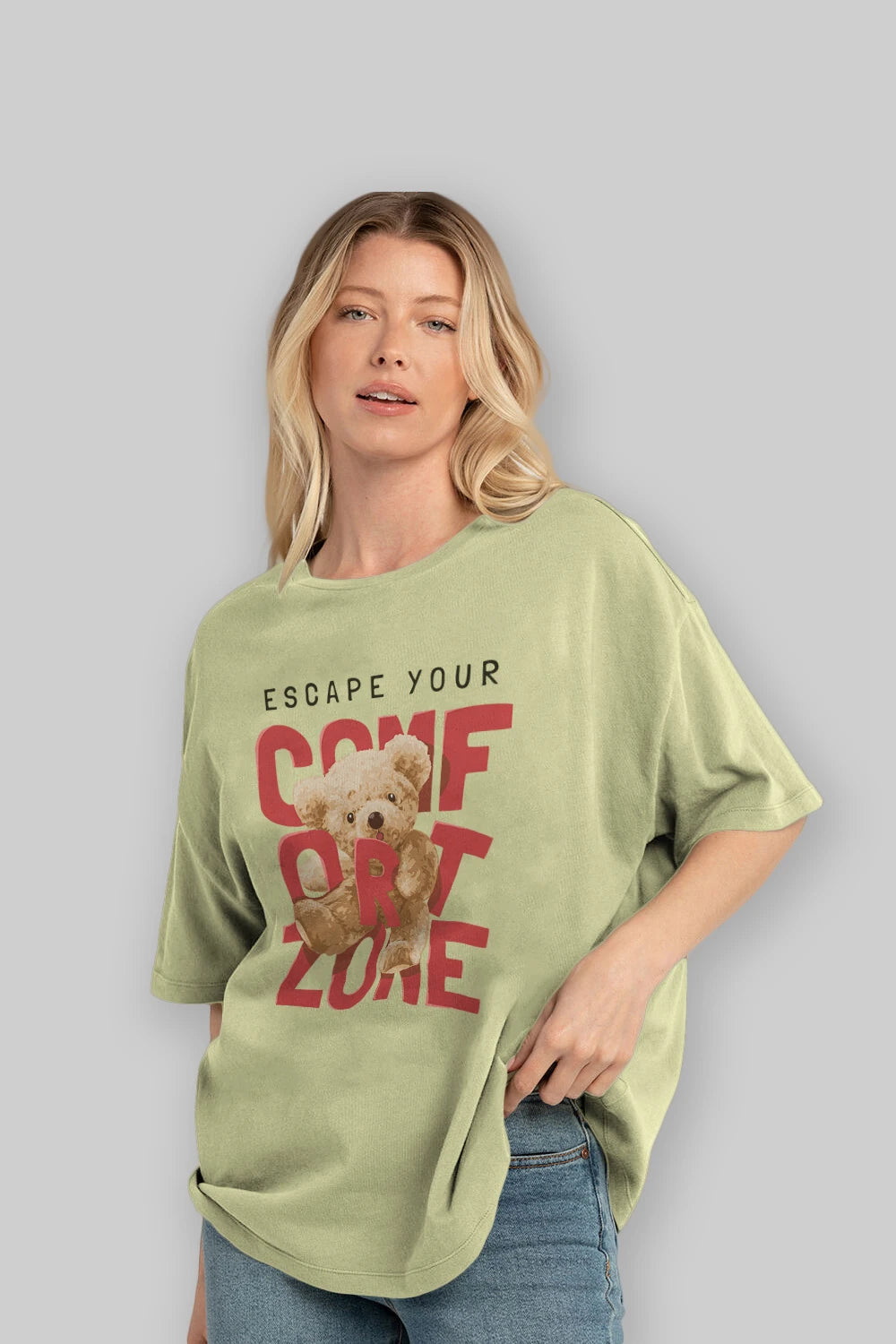 Teddy Bear Escape Comfort Zone Ön Baskılı Oversize t-shirt Erkek Kadın Unisex %100 Pamuk